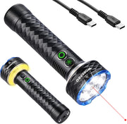 Rechargeable black LED flashlight with diamond grip, blue head glow, red laser dot