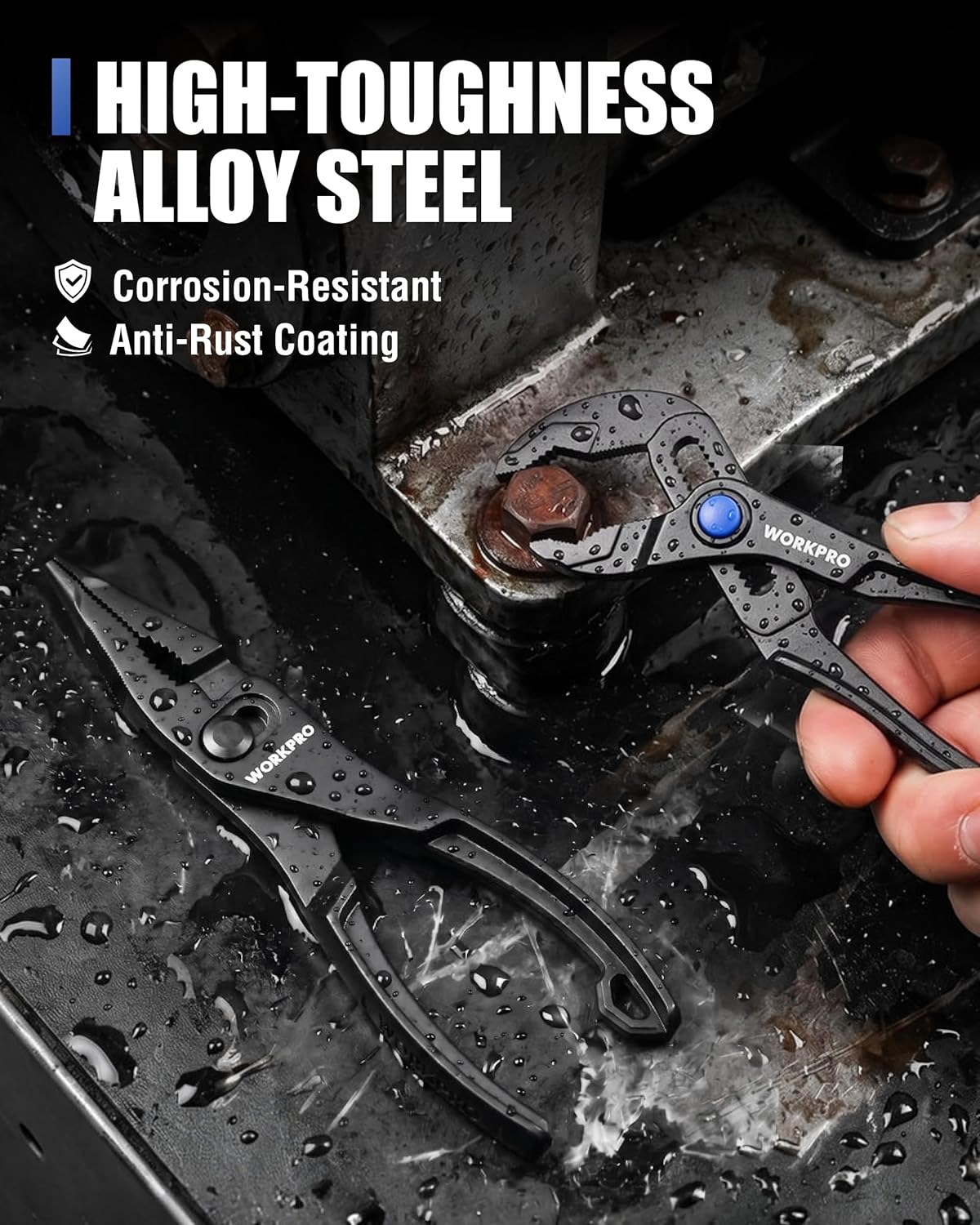 Black mini pliers with blue knob contacting metal hardware; serrated jaws visible