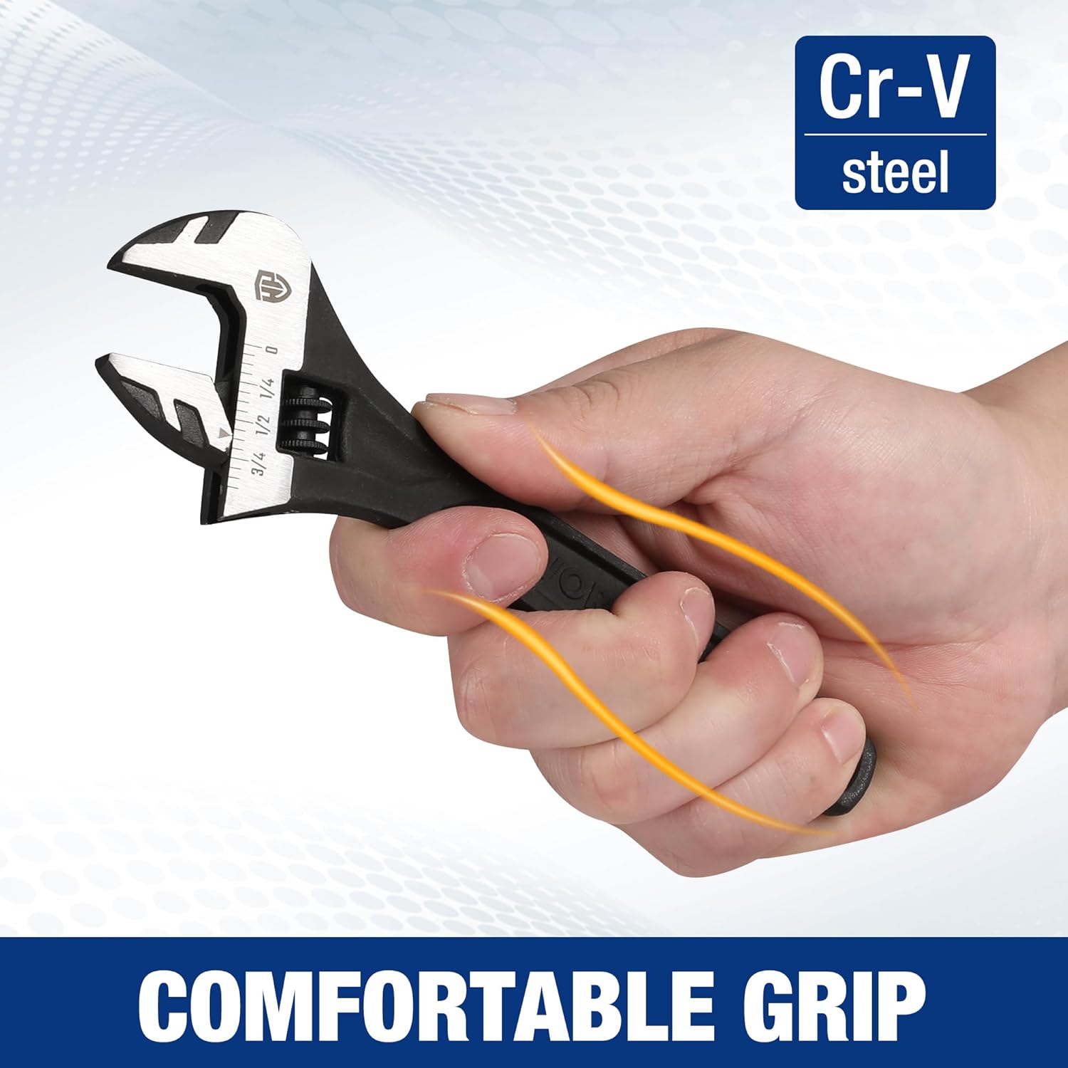 Black adjustable wrench with knurled adjuster and contoured comfort grip.