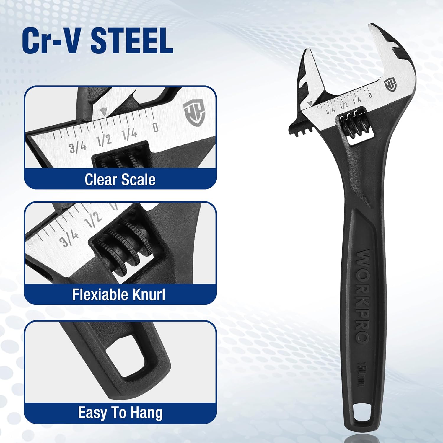 Black oxide adjustable wrench with clear scale and knurled adjustment wheel.