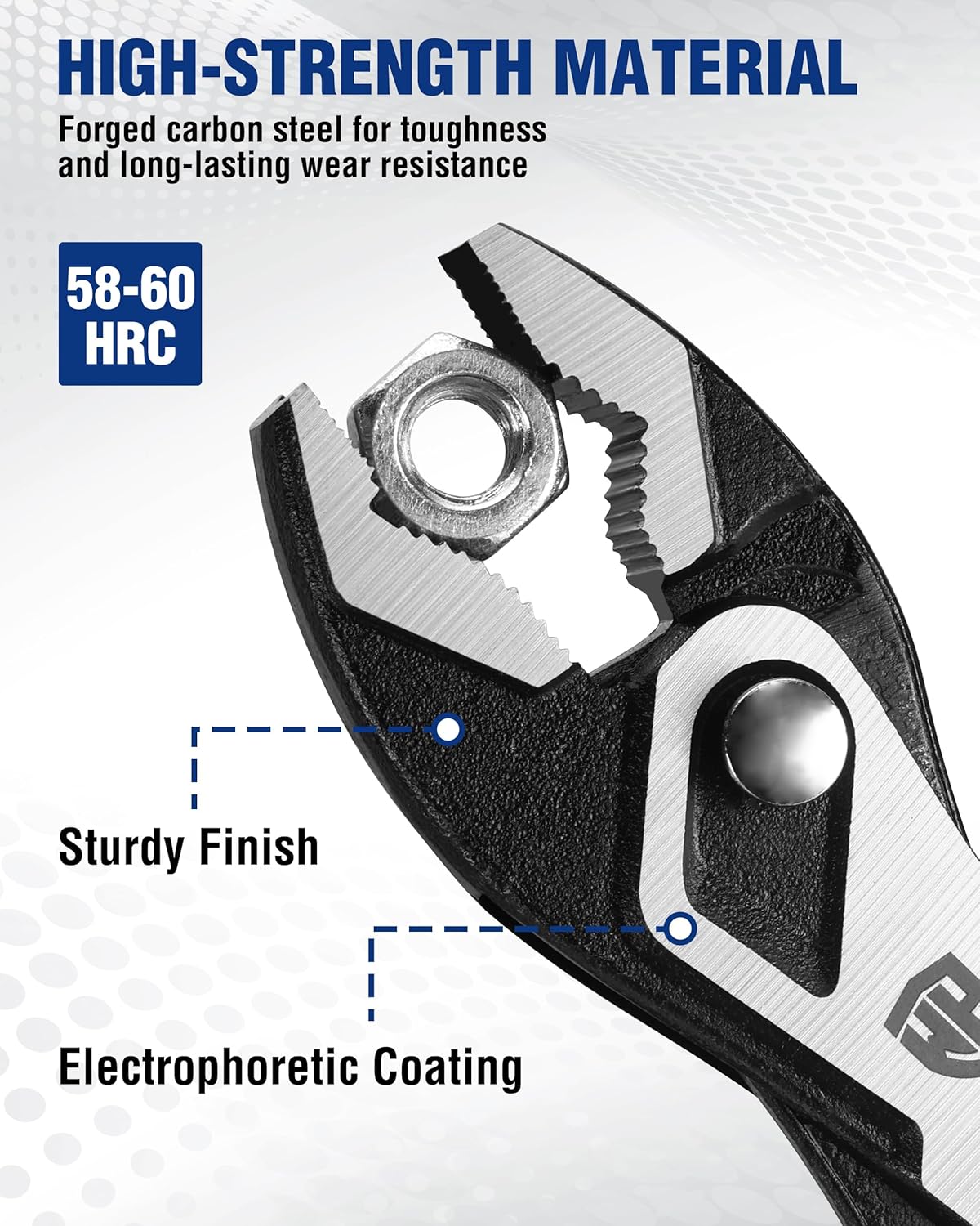 Carbon steel slip-joint pliers with textured jaw surfaces and hinge detail