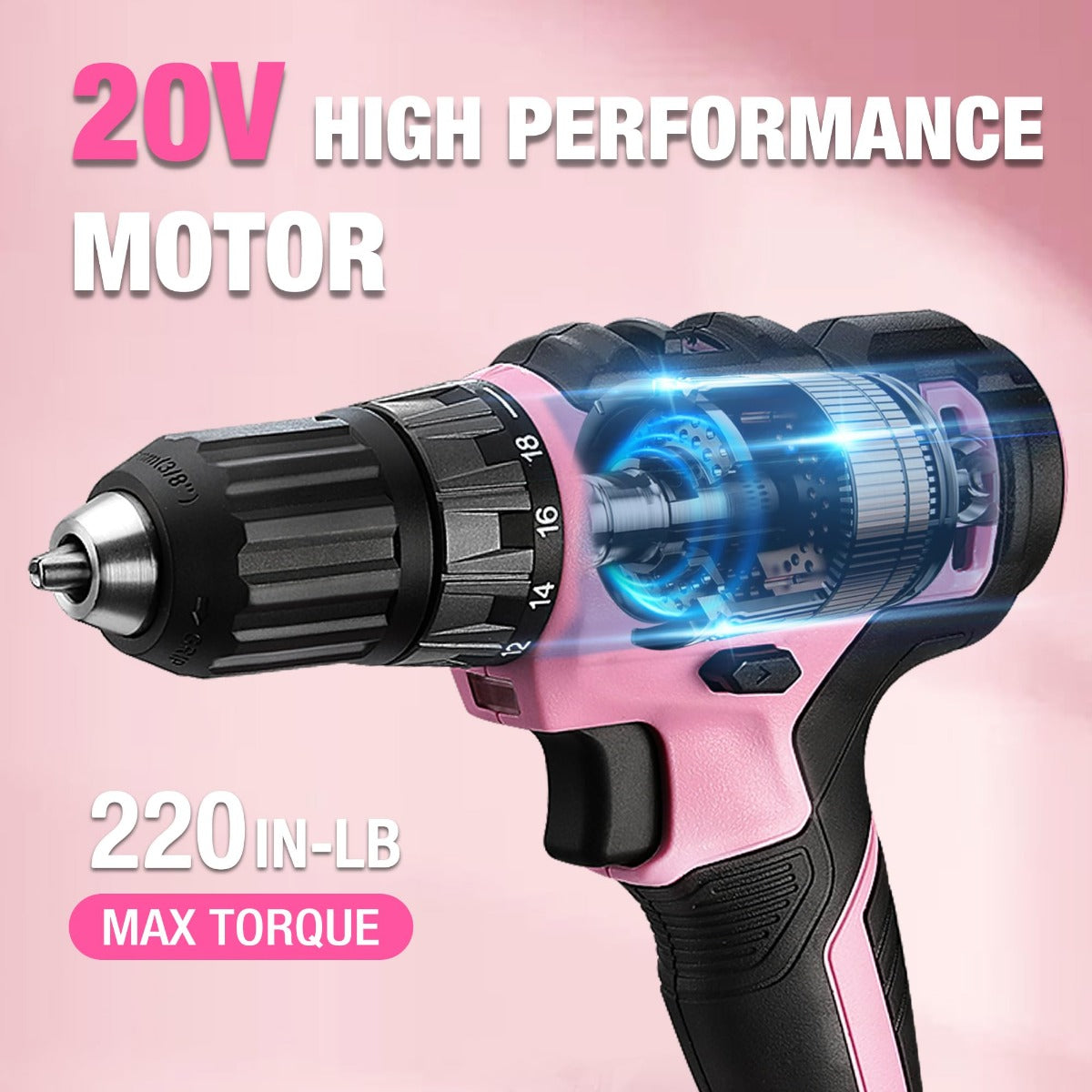 Pink and black 20V cordless drill driver with glowing motor and adjustable speed ring