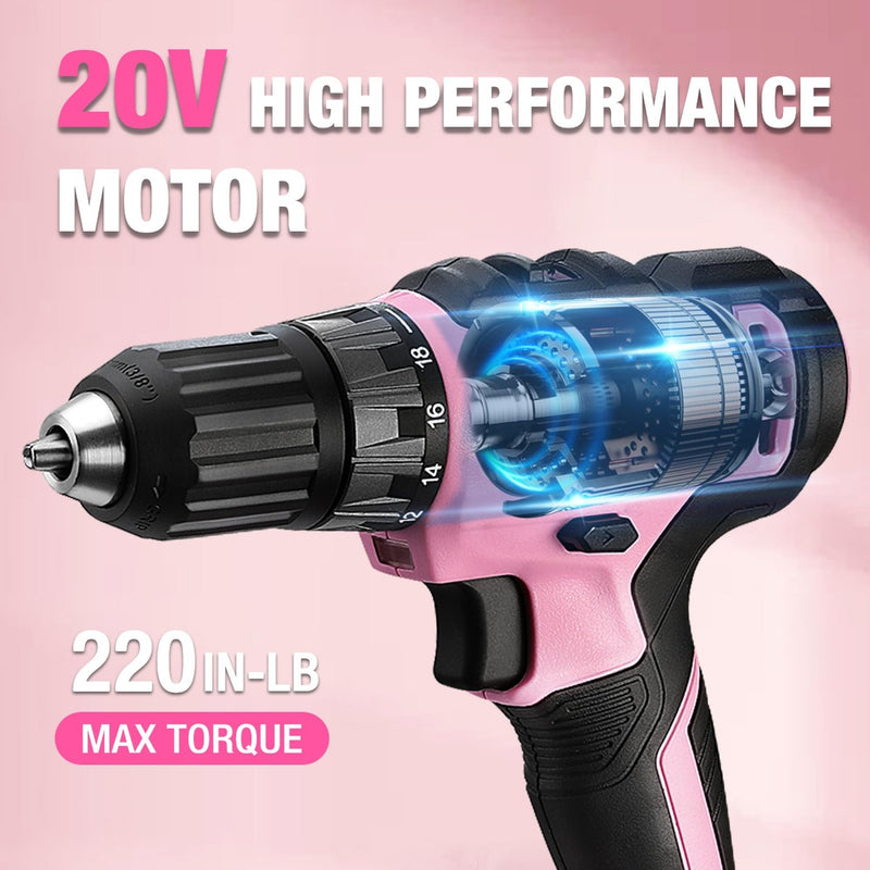 WORKPRO 20V Pink Cordless Drill Driver and 141 Pcs Home Tool Set - Pink Ribbon