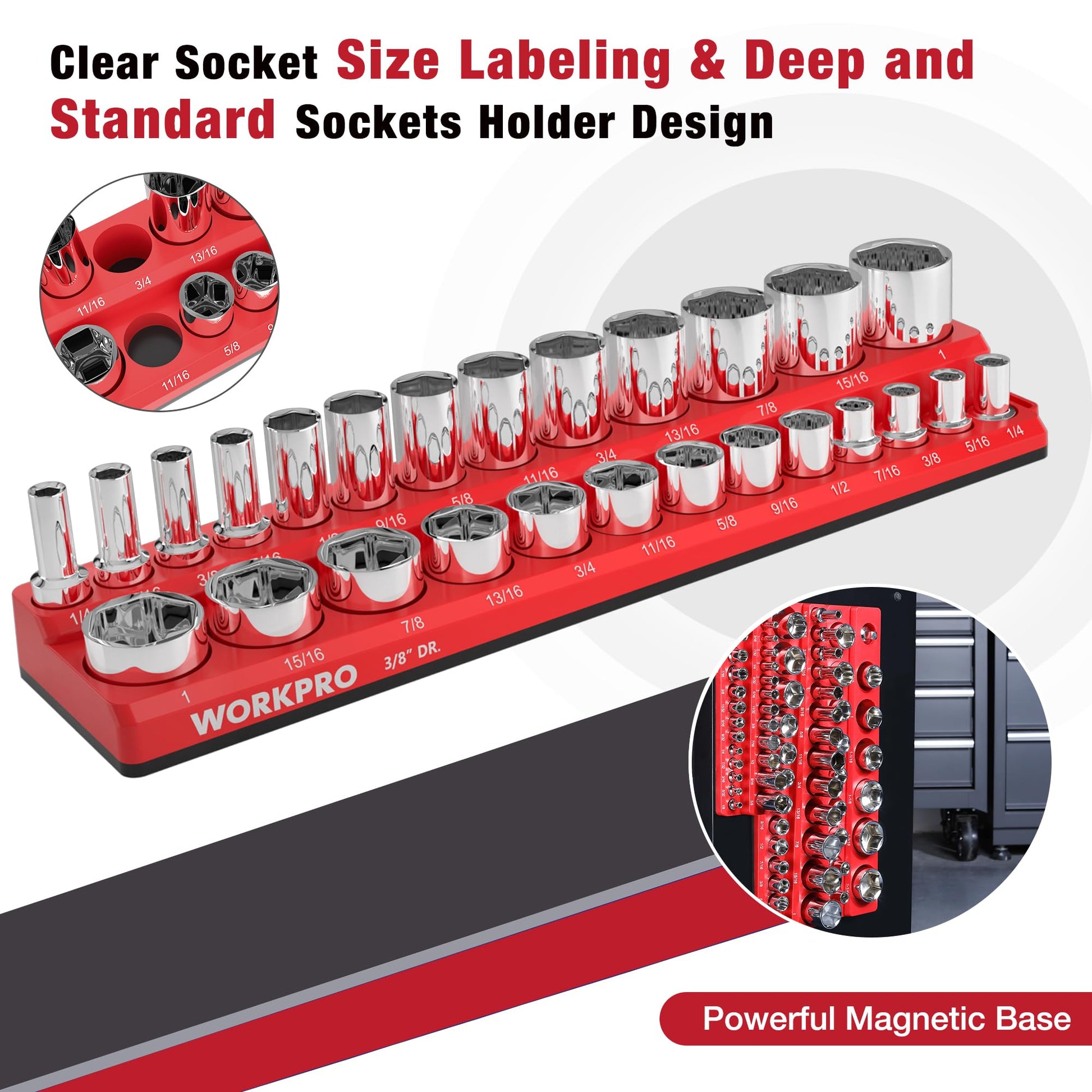 Magnetic socket organizer set with red base holding chrome SAE sockets