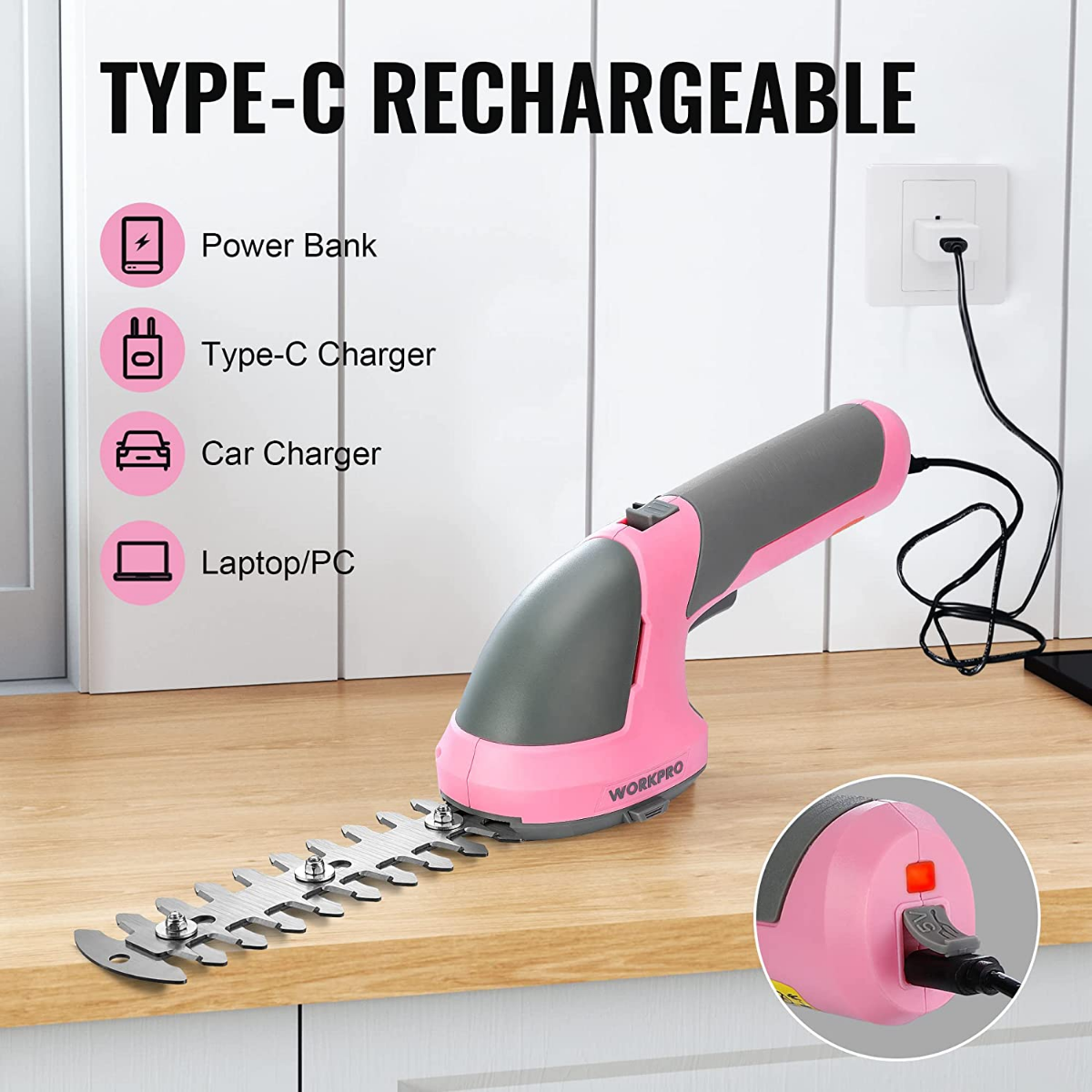 Pink Type-C rechargeable cordless trimmer with interchangeable blade set