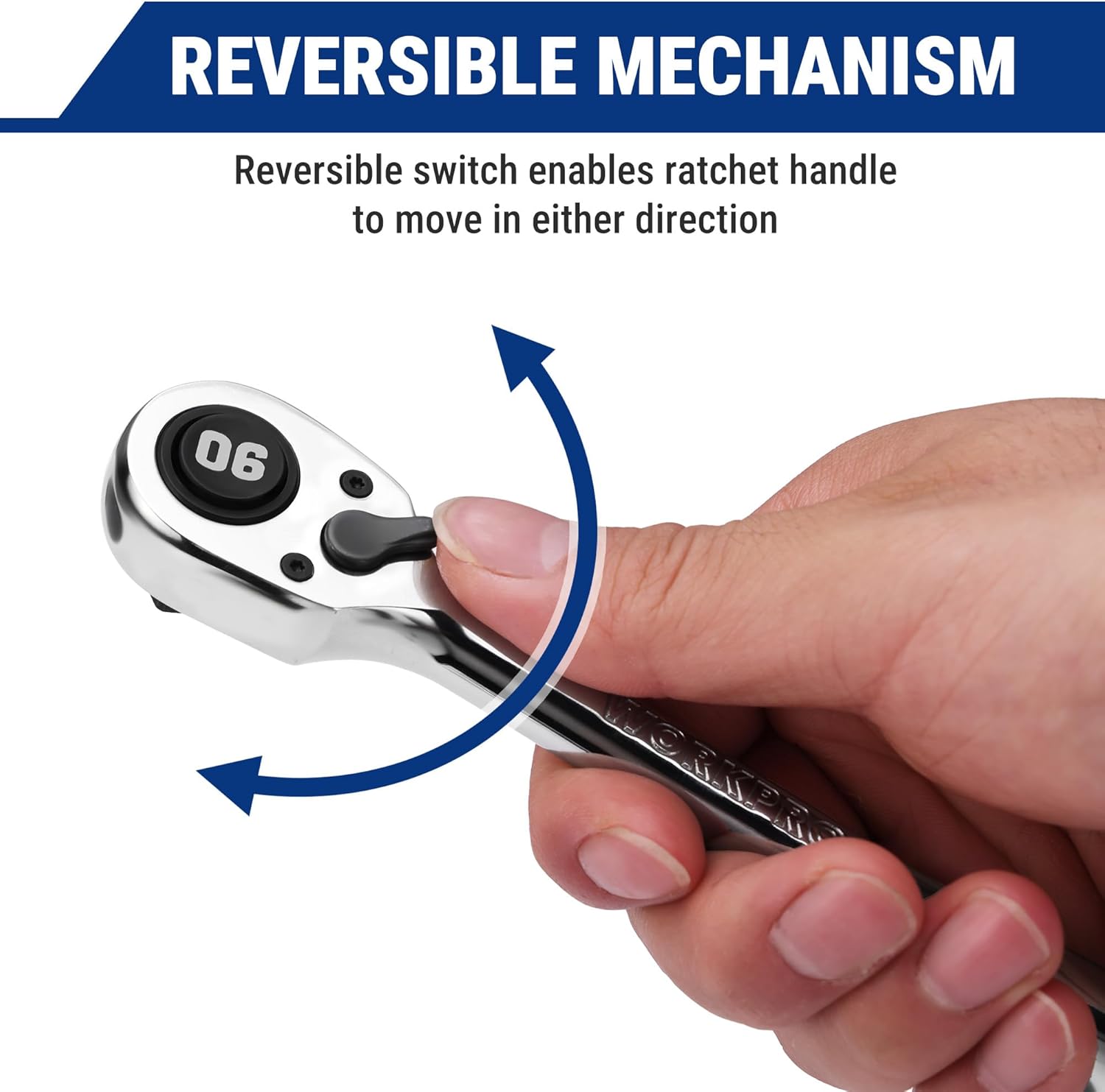 WORKPRO reversible 3/8-in ratchet wrench mechanism in hand