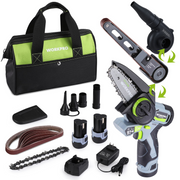 Cordless 3-in-1 power tool combo kit with blower, mini belt sander, chain saw, and accessories