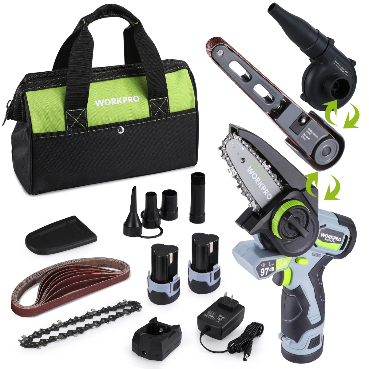 Cordless 3-in-1 power tool combo kit with blower, mini belt sander, chain saw, and accessories