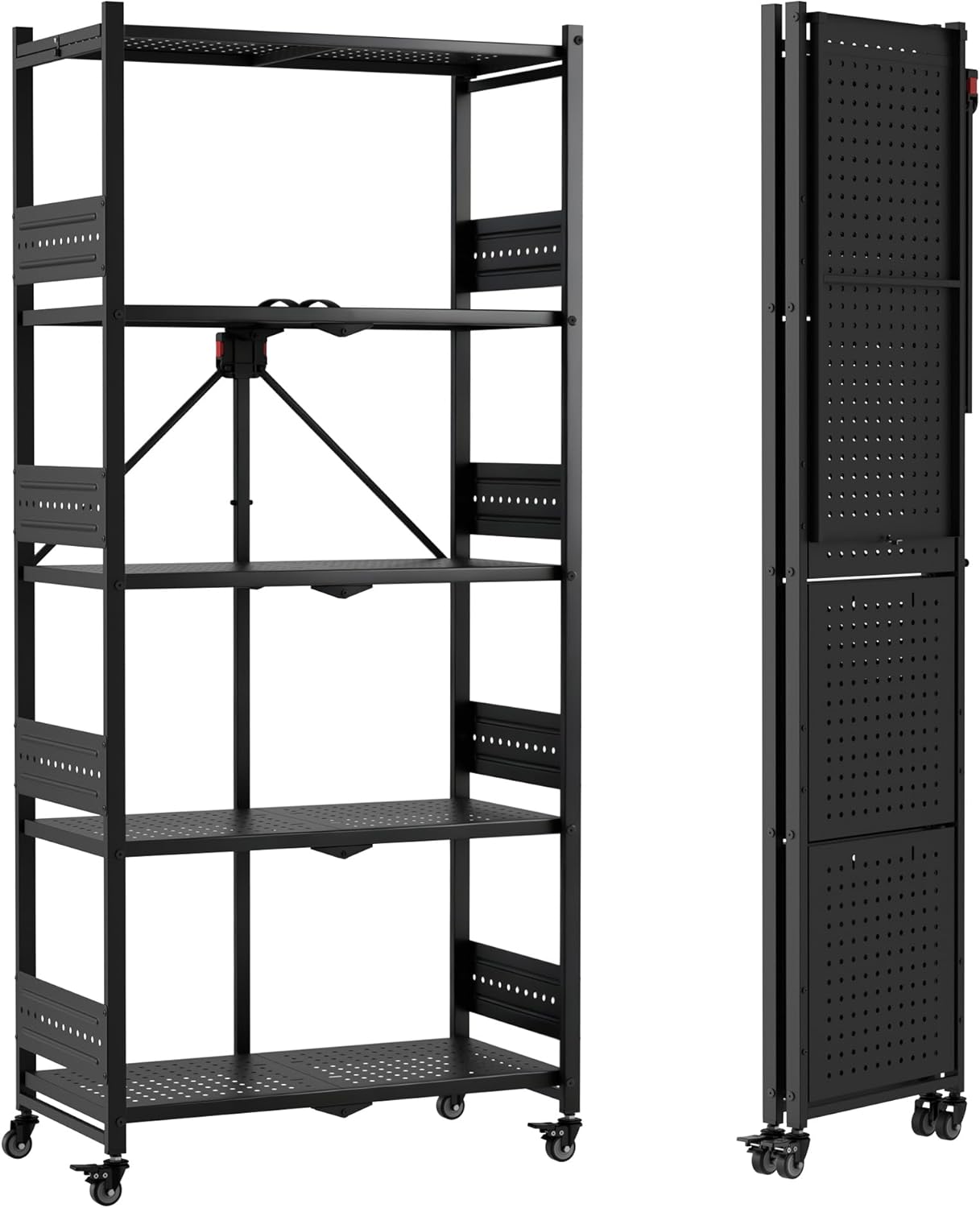 Black metal 5-tier folding storage rack on wheels with perforated side panels