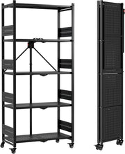 Black metal 5-tier folding storage rack on wheels with perforated side panels