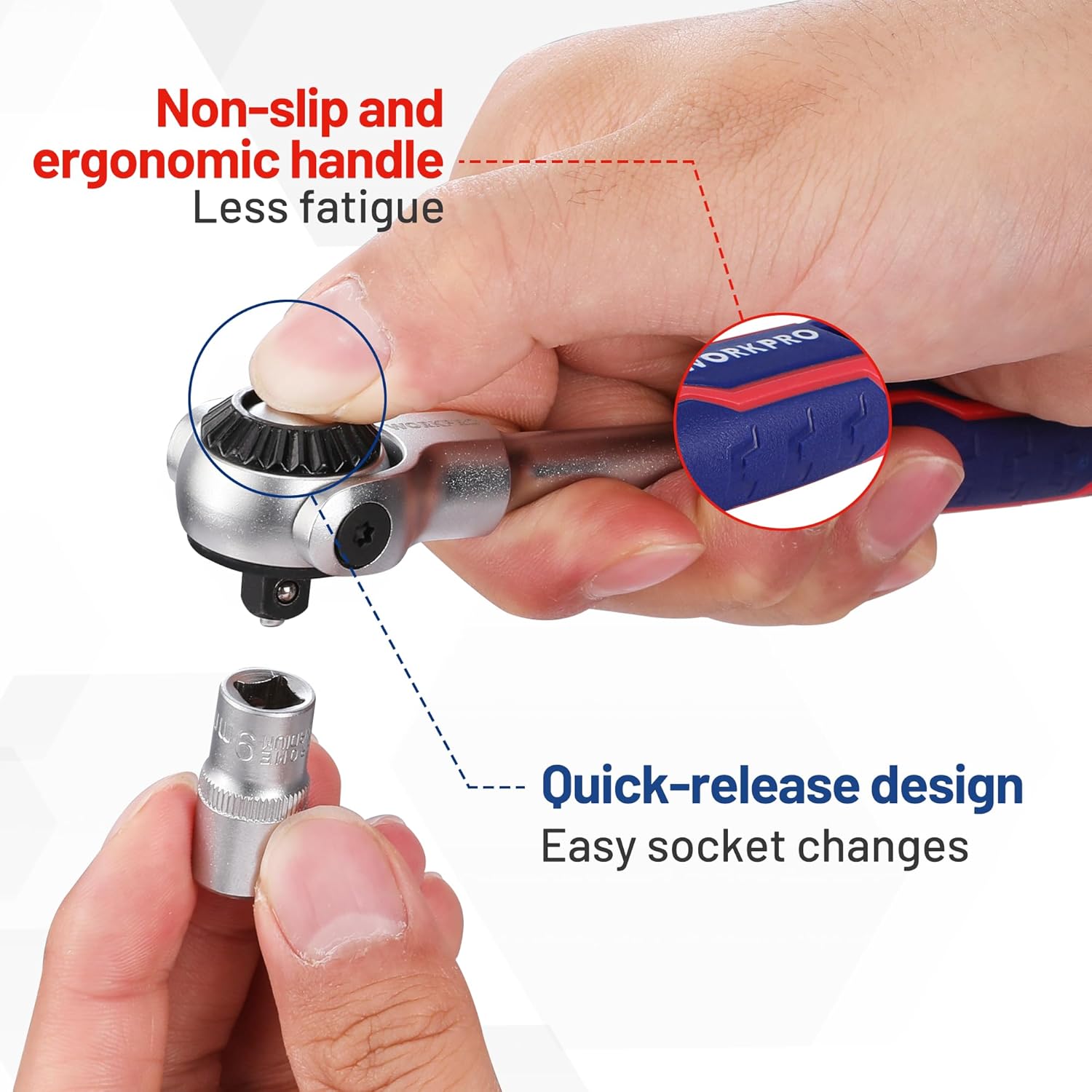 Ergonomic non-slip ratchet handle with quick-release socket change mechanism