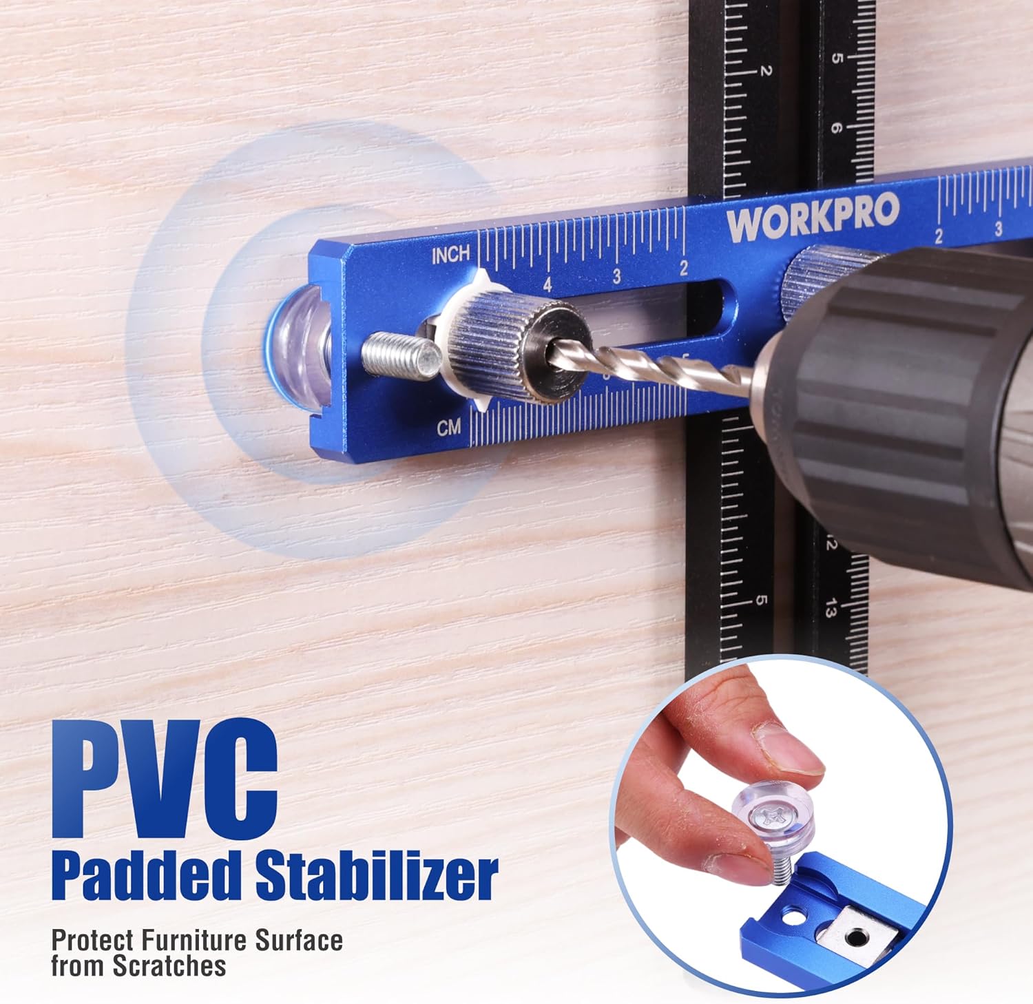 Cabinet hardware jig on light wood with blue rail and drill bit positioned