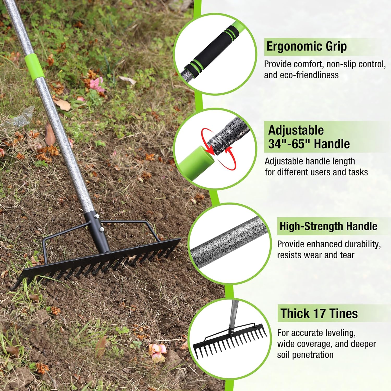 Bow rake handle with green end cap and black ergonomic grip wrap