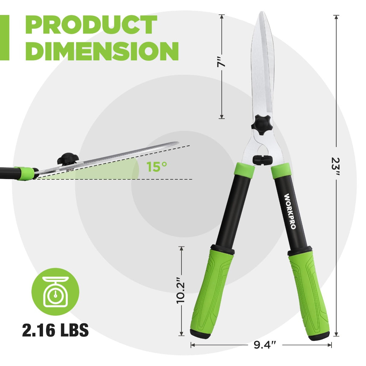 Manual hedge shears with green grips and black handles, silver blades