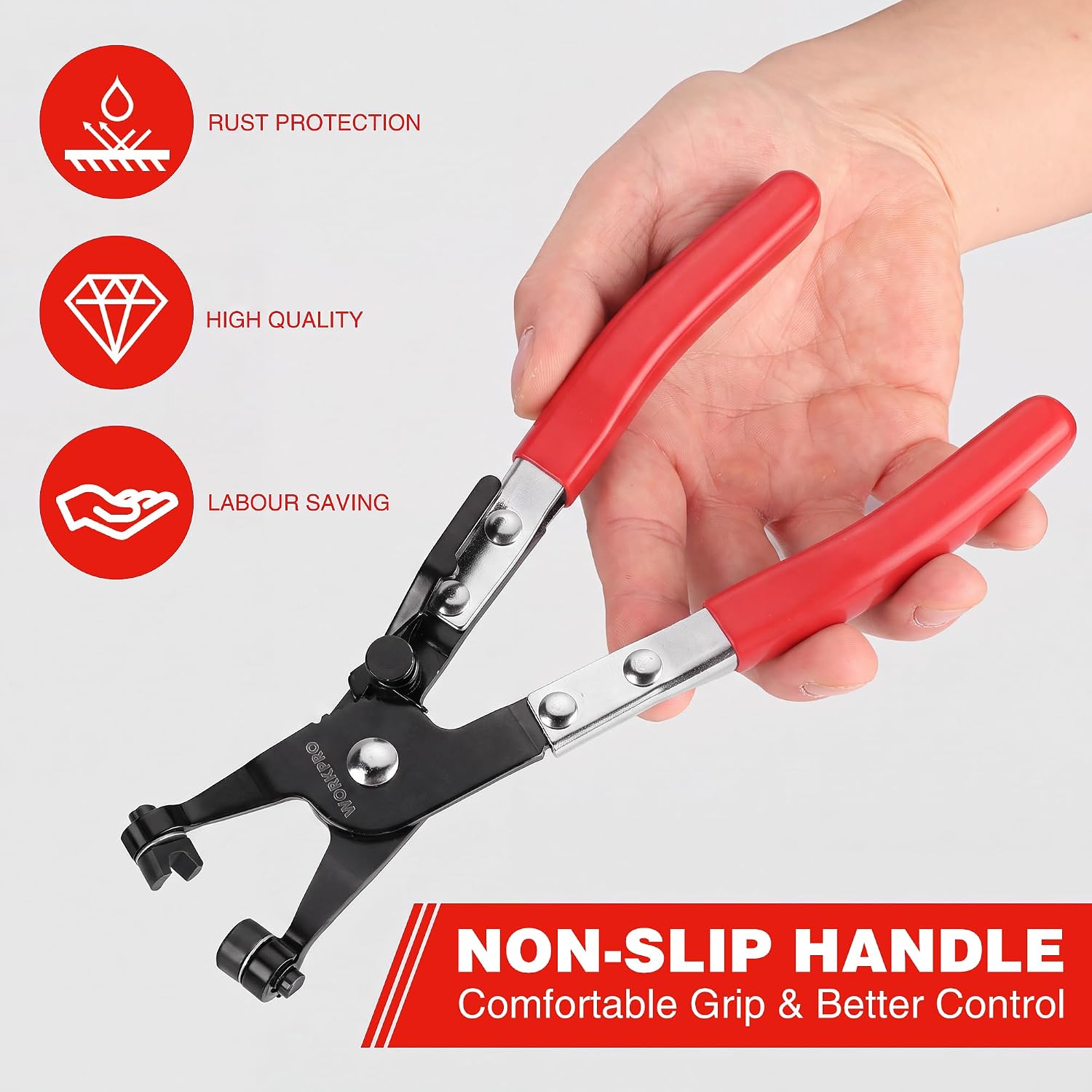 Red-grip hose clamp pliers with comfortable non-slip handle for secure control