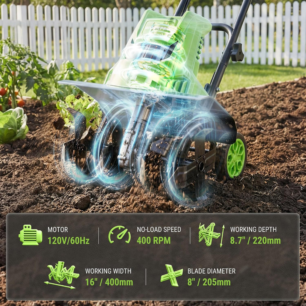 WORKPRO Corded Electric Garden Tiller & Cultivator, 16" Tilling Width & 8.7" Depth, 12.5A Corded Rototiller, 6 Steel Tines, 4-Position Adjustable Wheels, for Garden, Lawn & Flower Beds