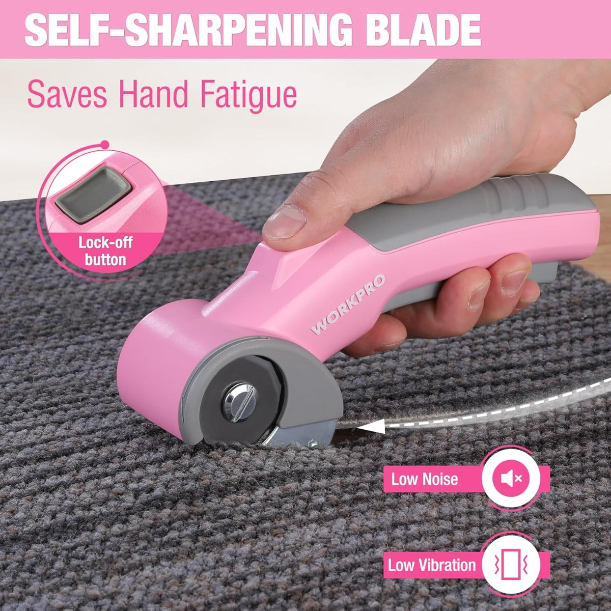 Pink cordless rotary cutter with self-sharpening blade, held in hand