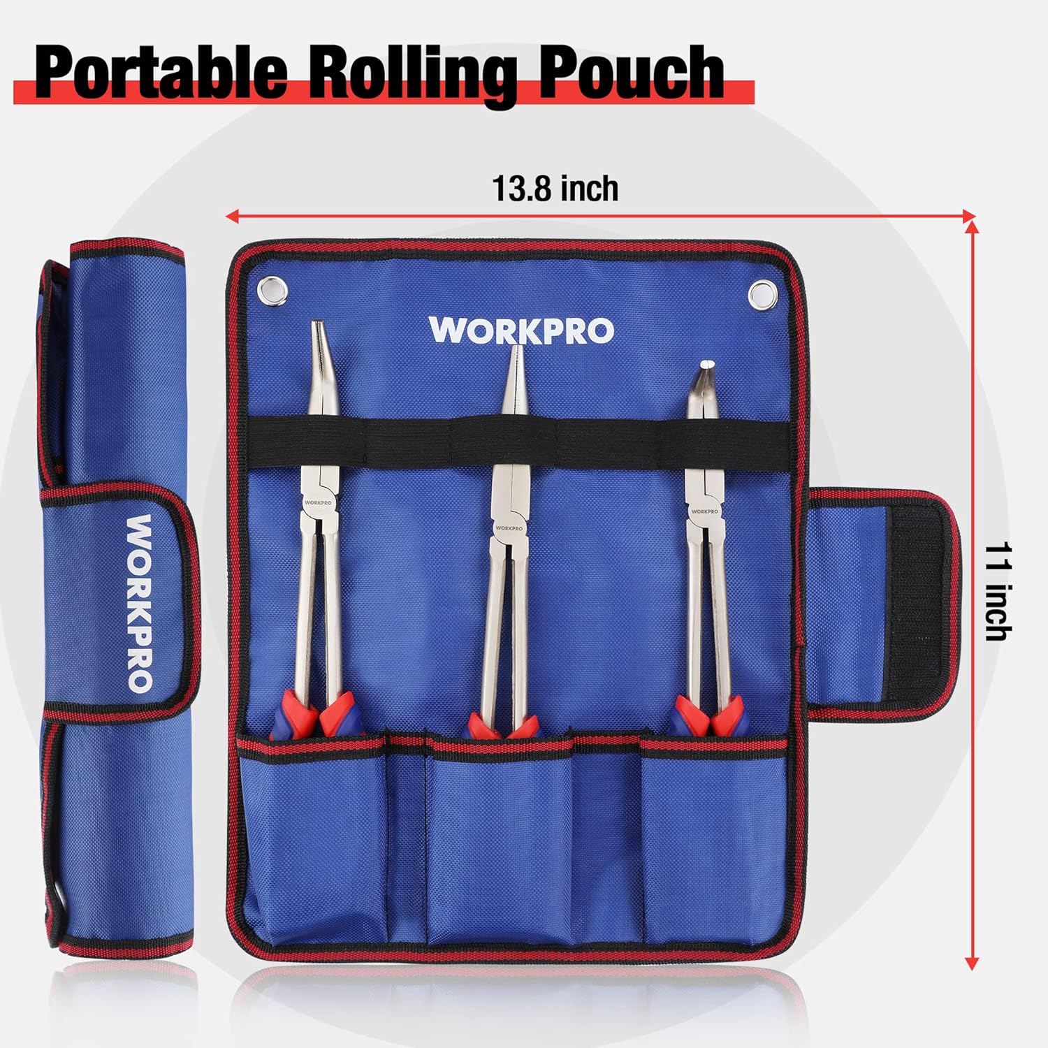 WORKPRO blue rolling tool pouch with multiple slots for needle nose pliers
