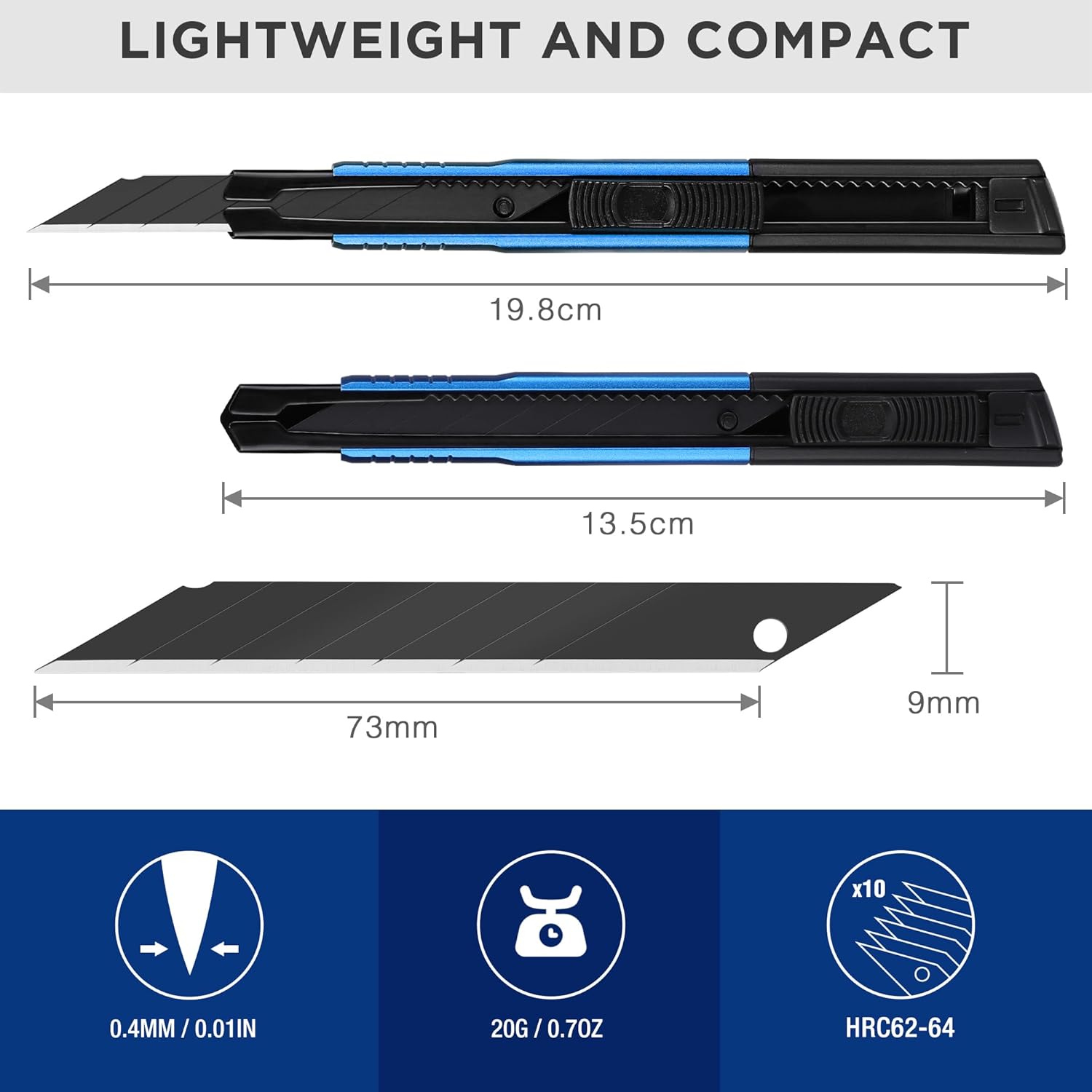 Compact retractable box cutter with black handle and blue slider, extended snap-off blade
