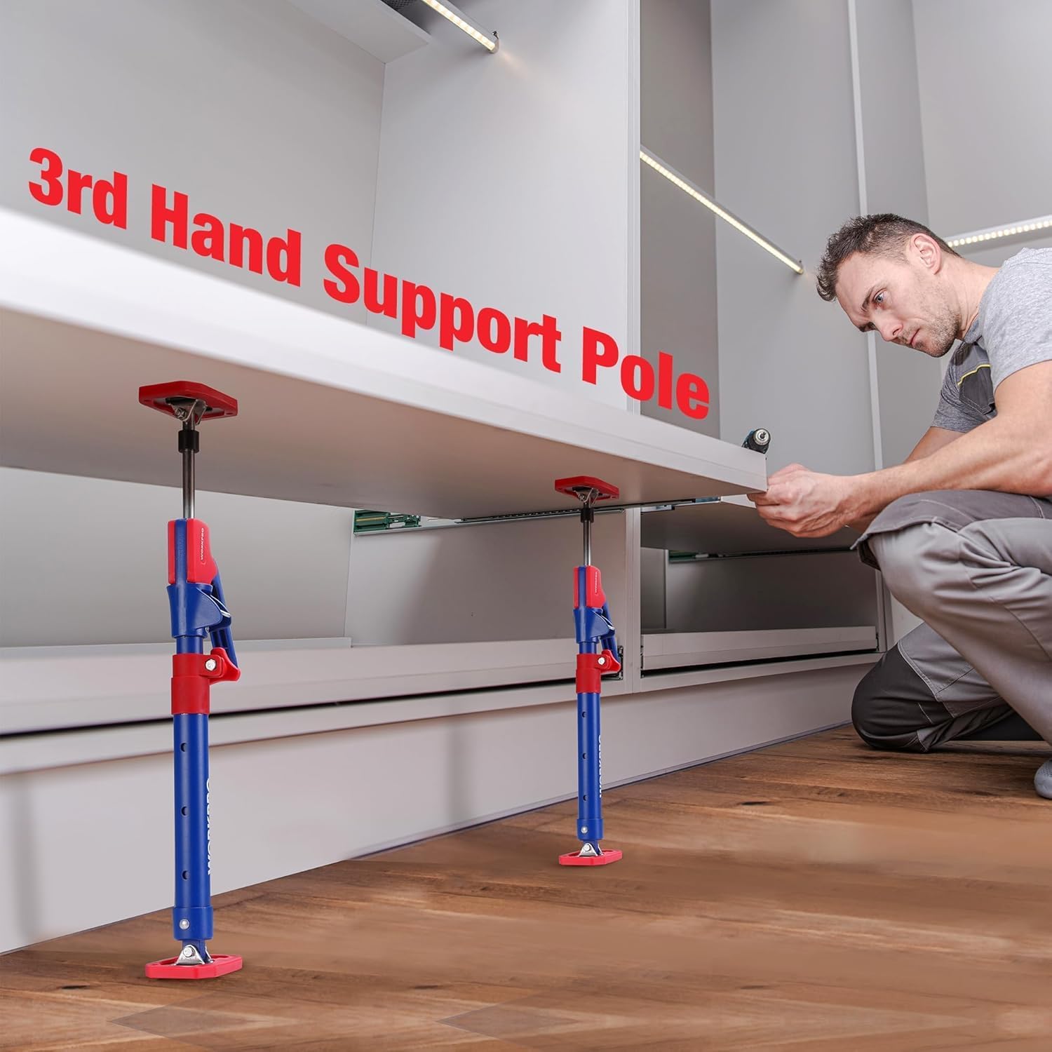 WORKPRO support pole supporting a cabinet shelf under a ceiling rail