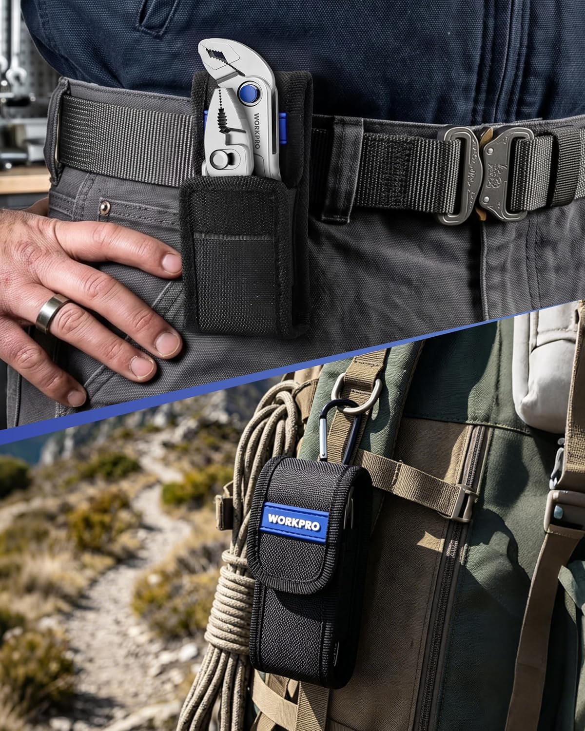 Black belt pouch holding mini pliers with blue knob, compact tool organizer