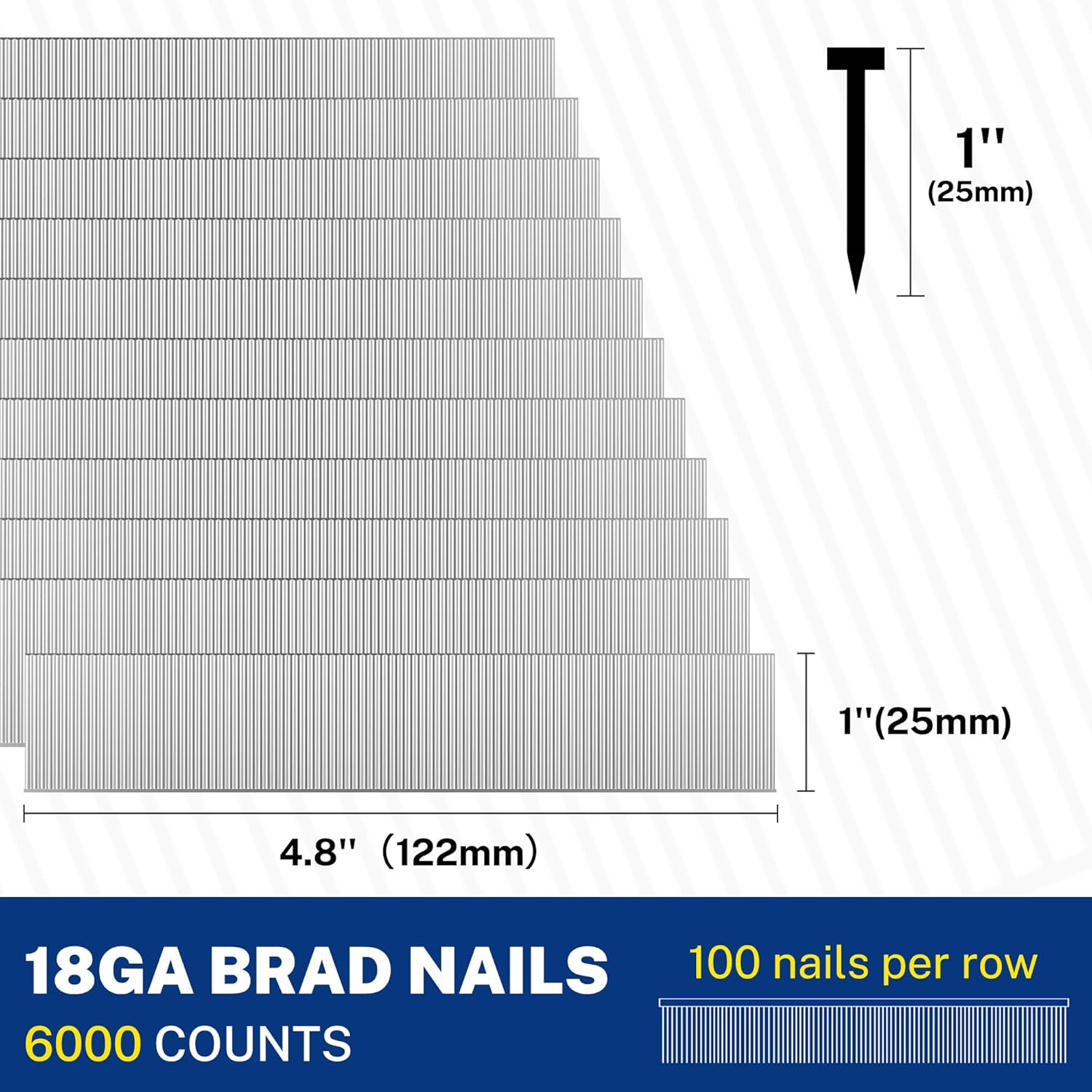 18-gauge 1 in brad nails, 6000-count finishing nails in steel strips