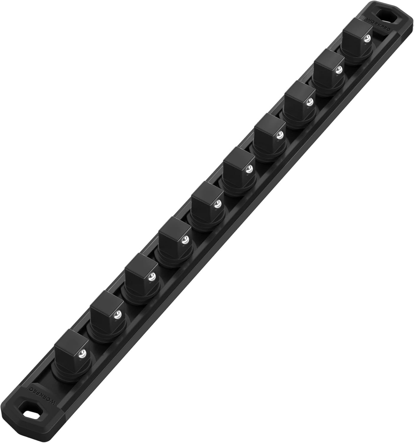 Black magnetic socket rail with rotatable clips, 1/2-inch drive socket organizer bar