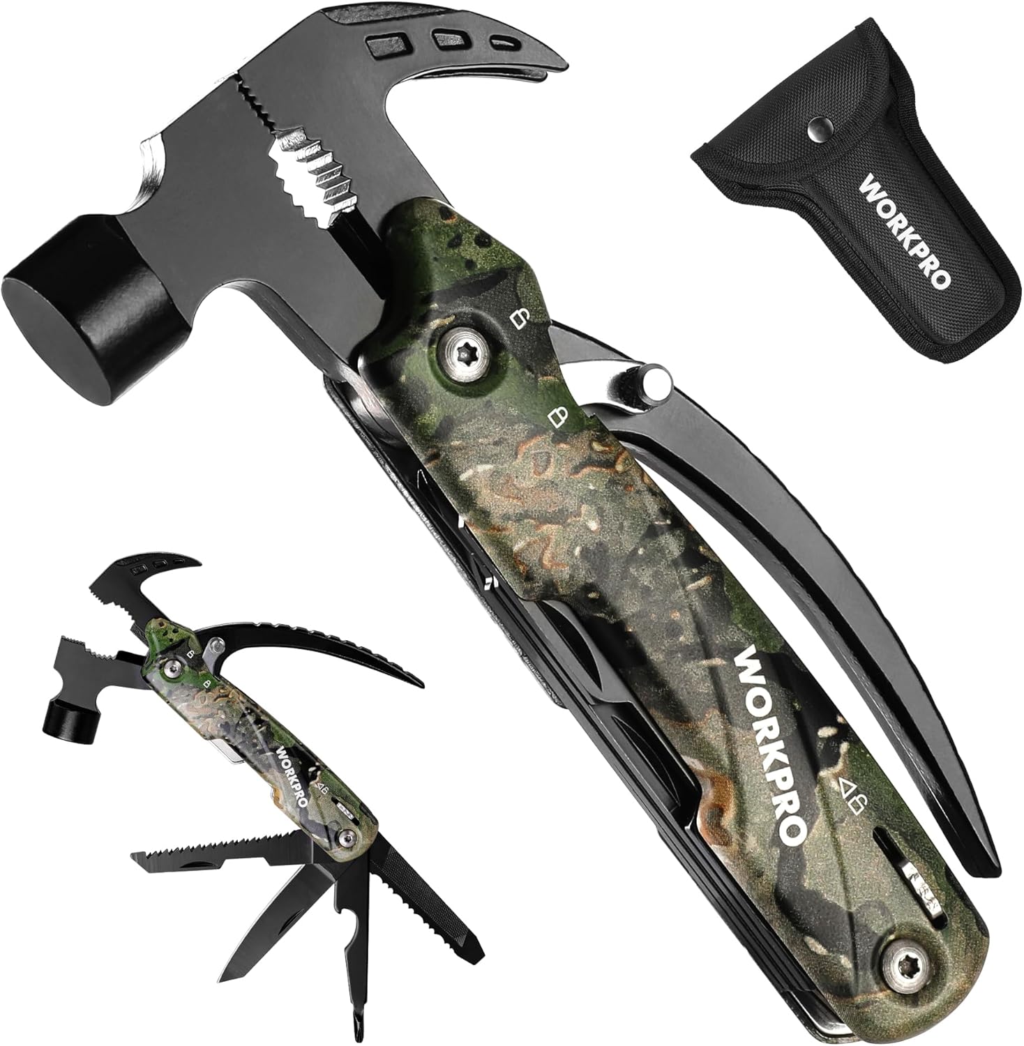 WORKPRO 12-in-1 multitool set with mini hammer and black pouch, camouflage handle
