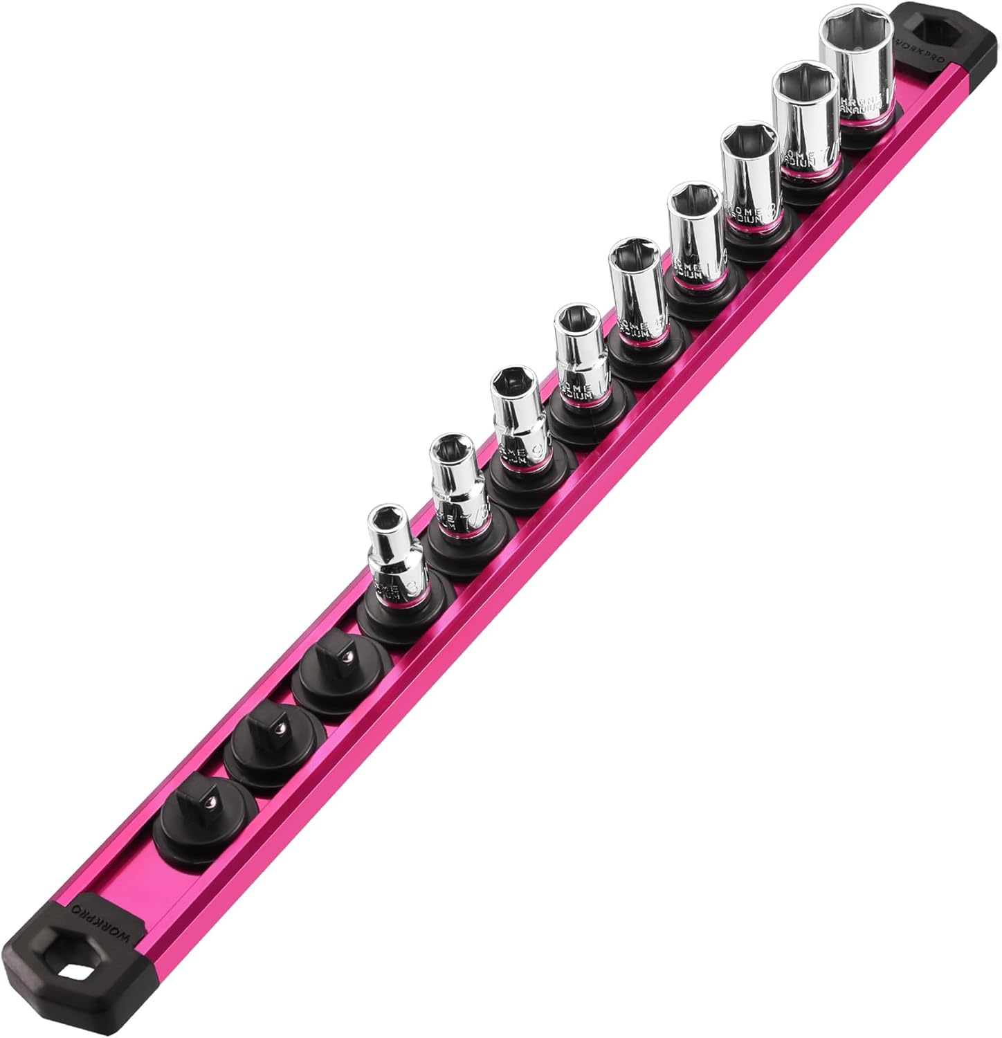 Rose red WORKPRO 1/4-inch socket rail with black magnetic bases and chrome socket ends