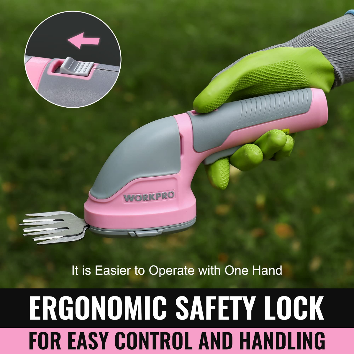 Pink handheld electric trimmer with one-hand grip held in a gloved hand