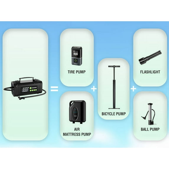 WORKPRO 12V portable air compressor kit with tire pump and air pump attachments shown