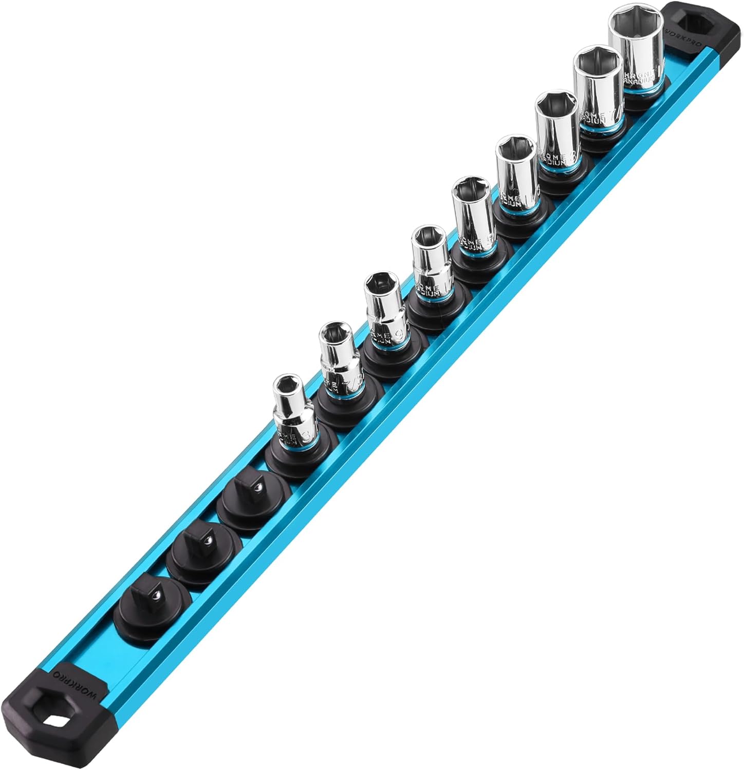 Angled view of sky blue magnetic socket organizer rail with black clips and sockets