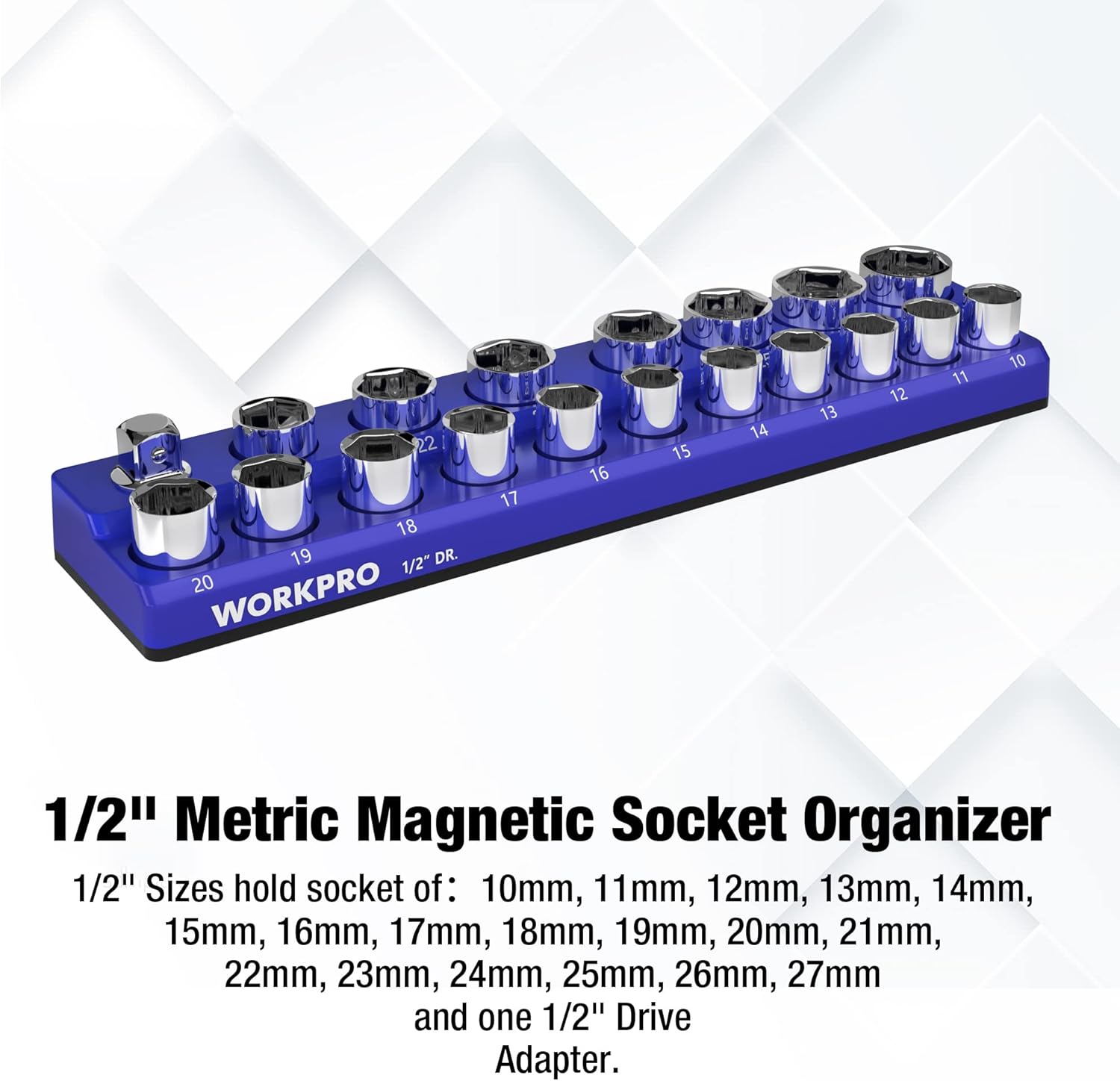 Blue 1/2-inch drive magnetic socket organizer with 19 metric socket slots, no sockets