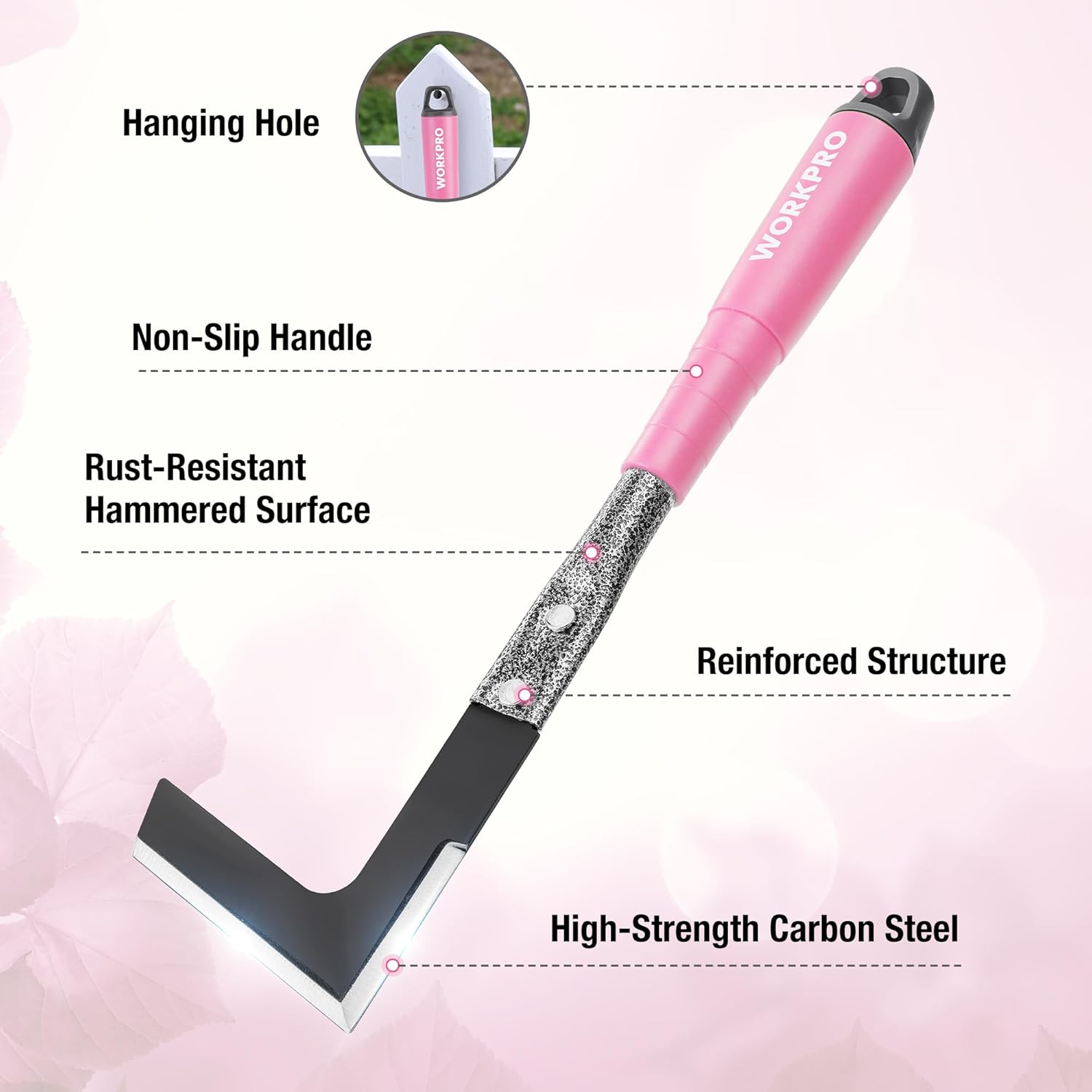 WORKPRO pink-handled carbon steel hoe with non-slip grip and hammered metal blade
