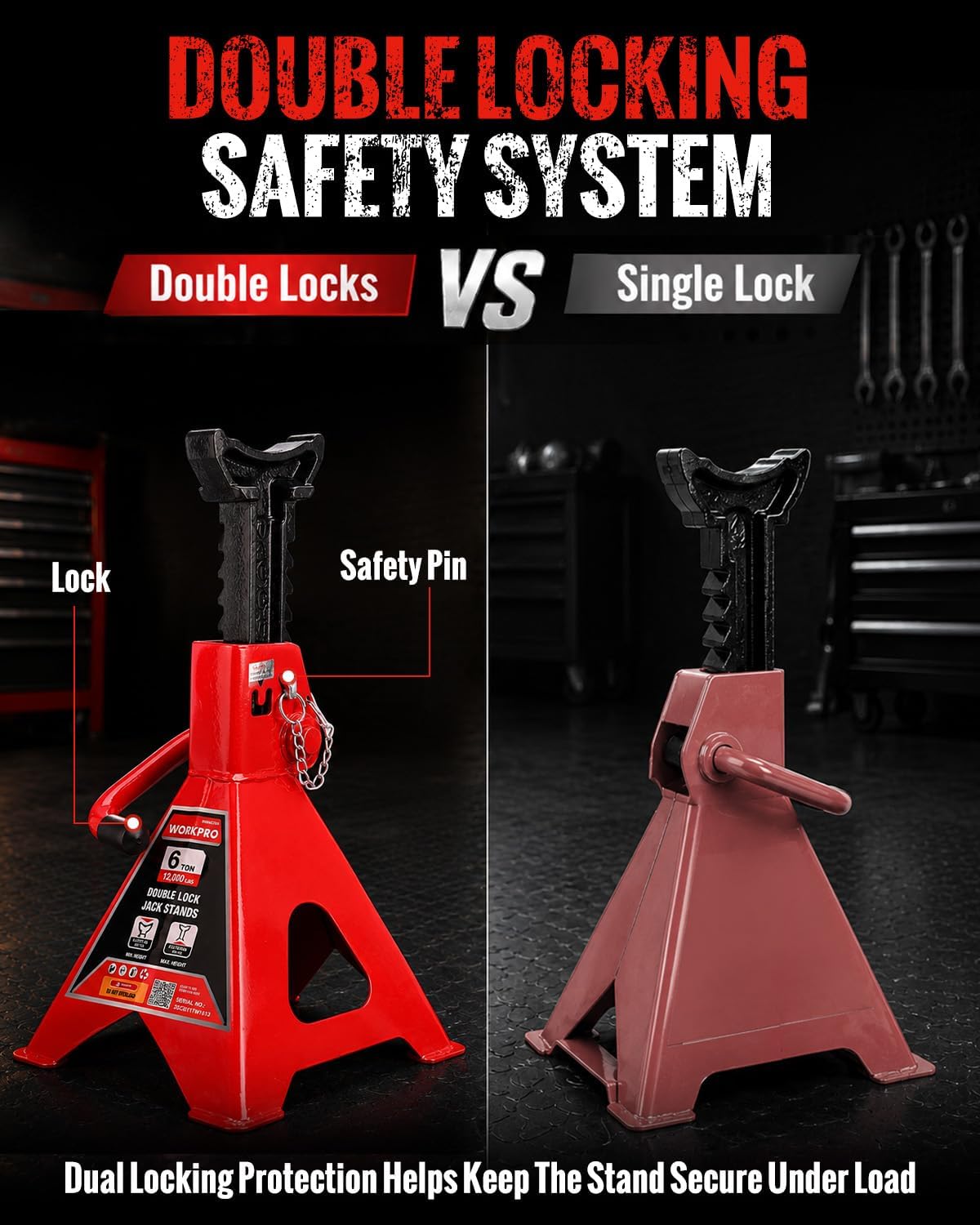 WORKPRO 6 Ton Jack Stands with Double Lock, 12000 LBS Capacity, 1 Pair | Heavy-Duty Premium Steel Construction, Wide Base Stability, Adjustable Lift Height
