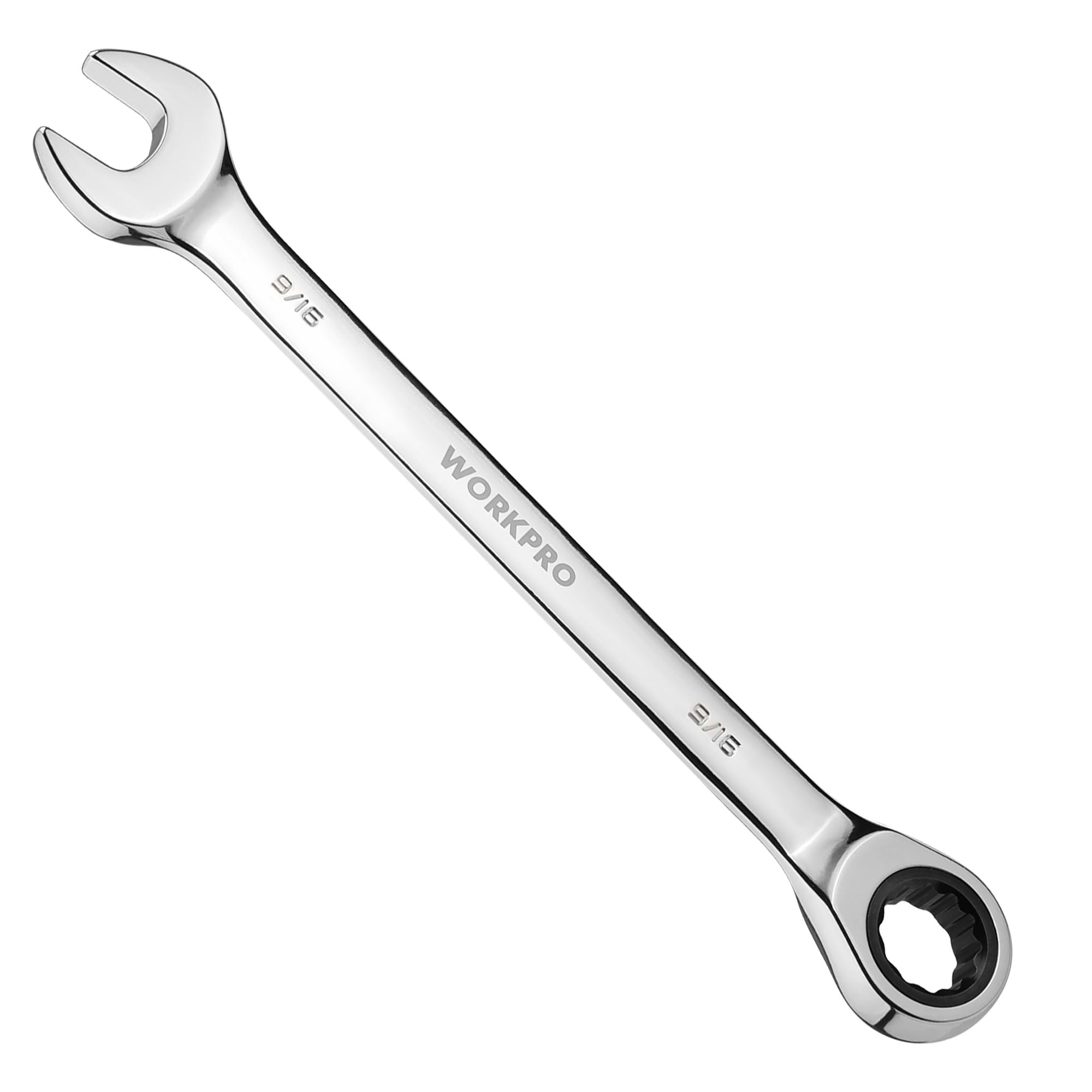 Chrome ratcheting wrench with 9/16 in box end and ratchet head
