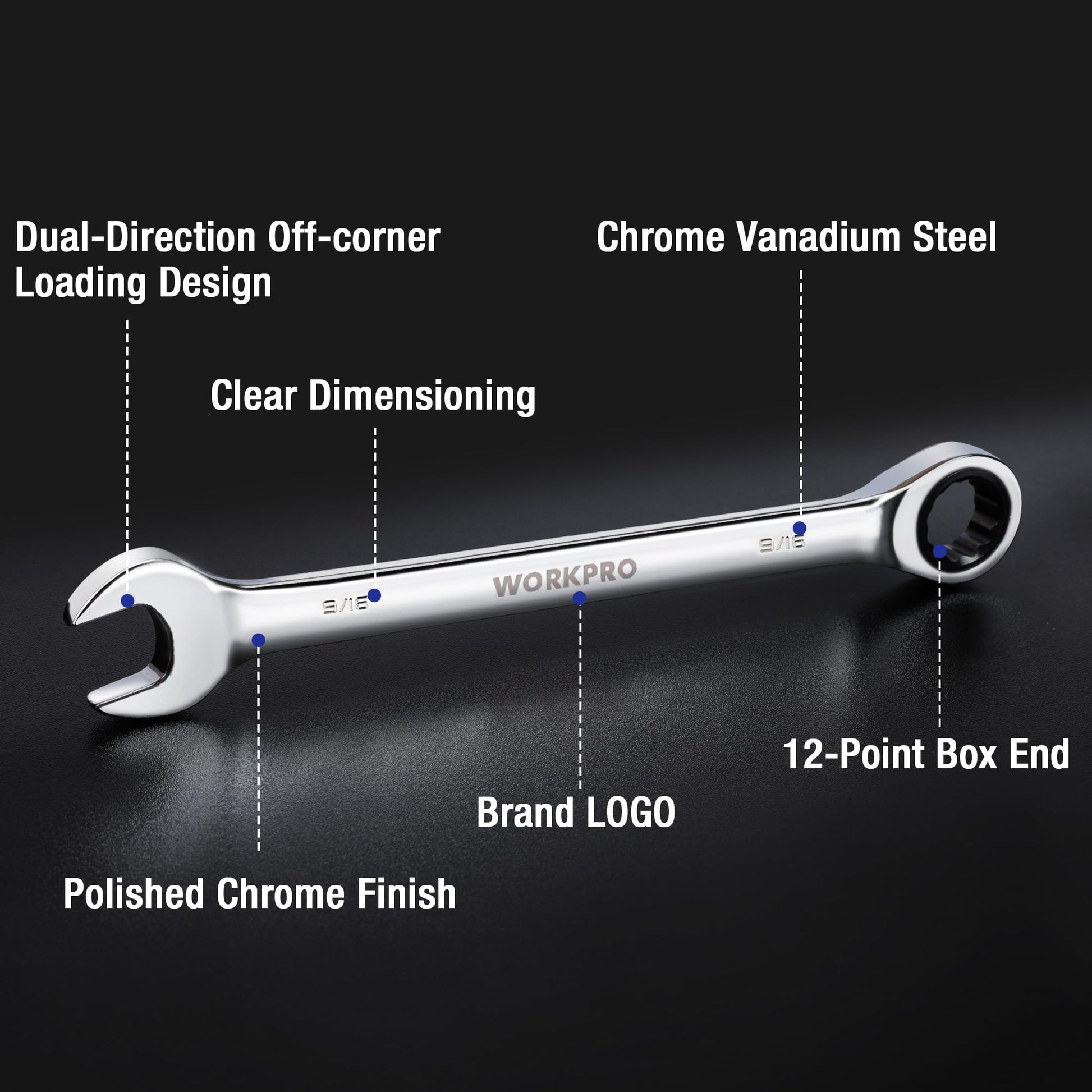 Chrome vanadium ratcheting wrench with 12-point box end and dual-direction head