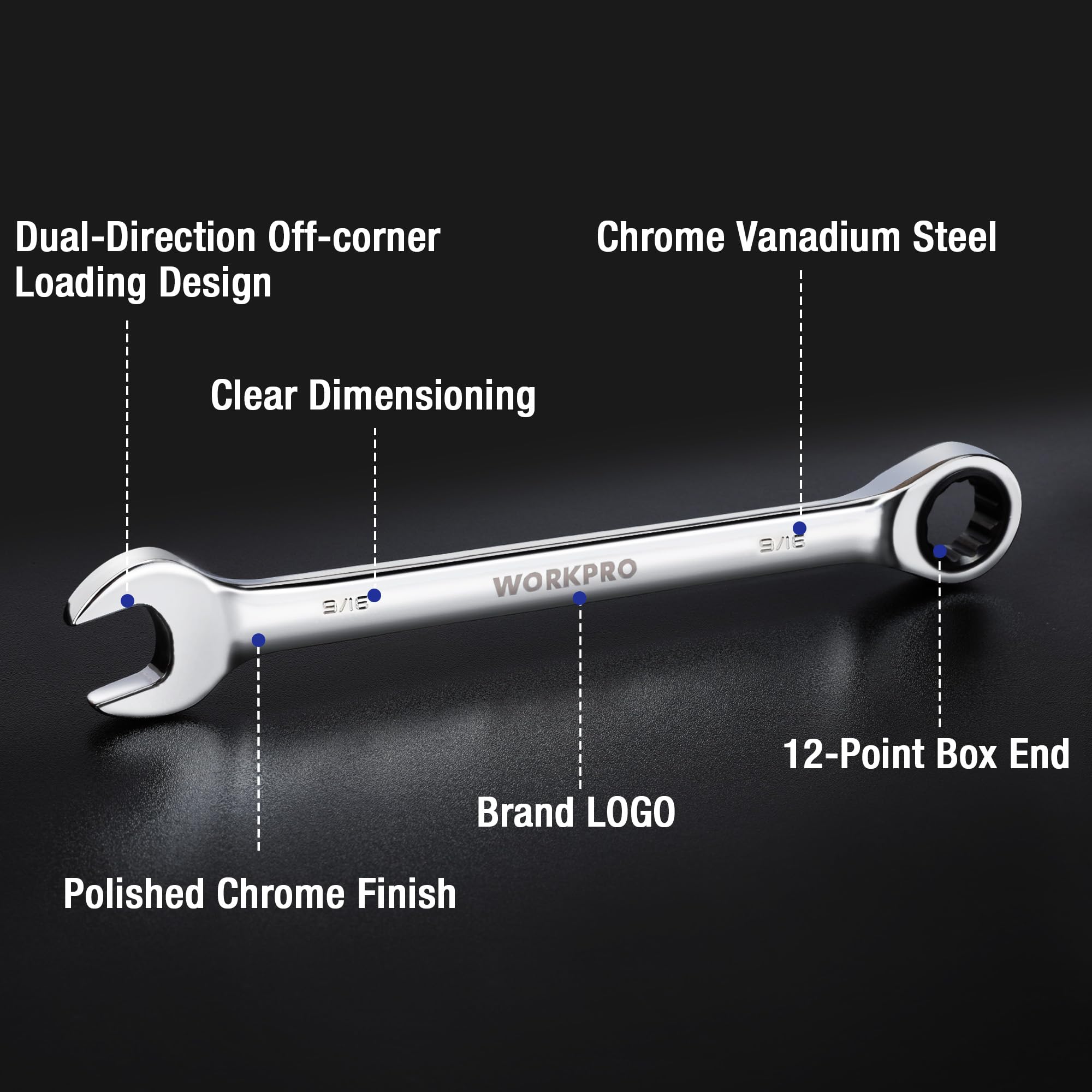 Chrome vanadium ratcheting wrench with 12-point box end and dual-direction head