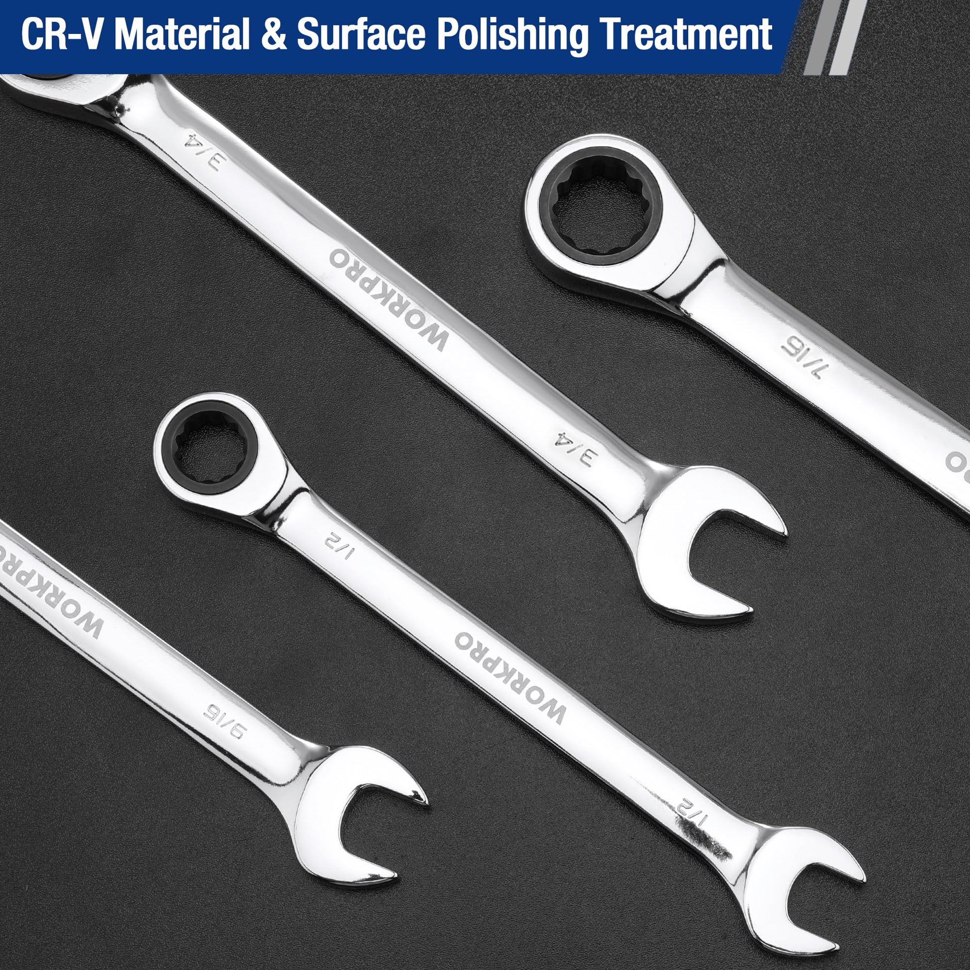 Chrome CR-V finish ratcheting wrenches set with open ends and box ends