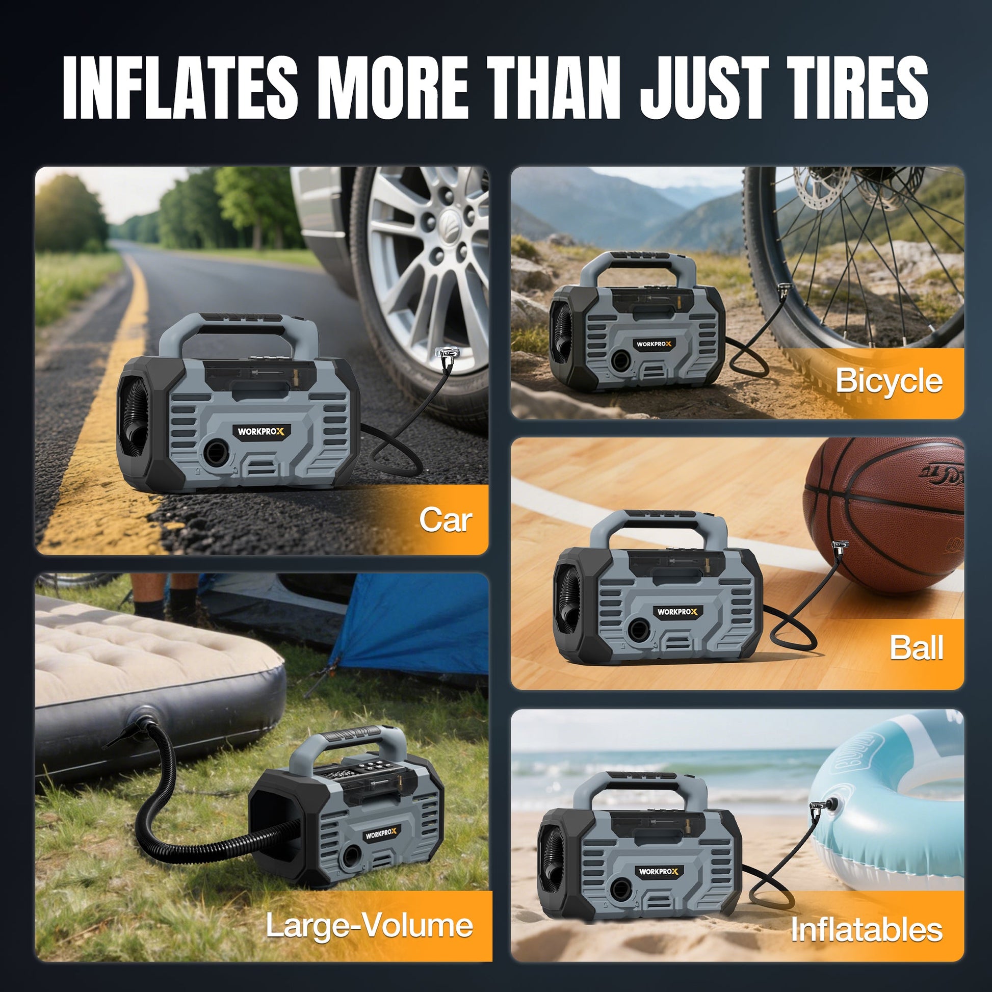 Portable air compressor with hose and nozzle for inflating car, bike, ball, and inflatables.