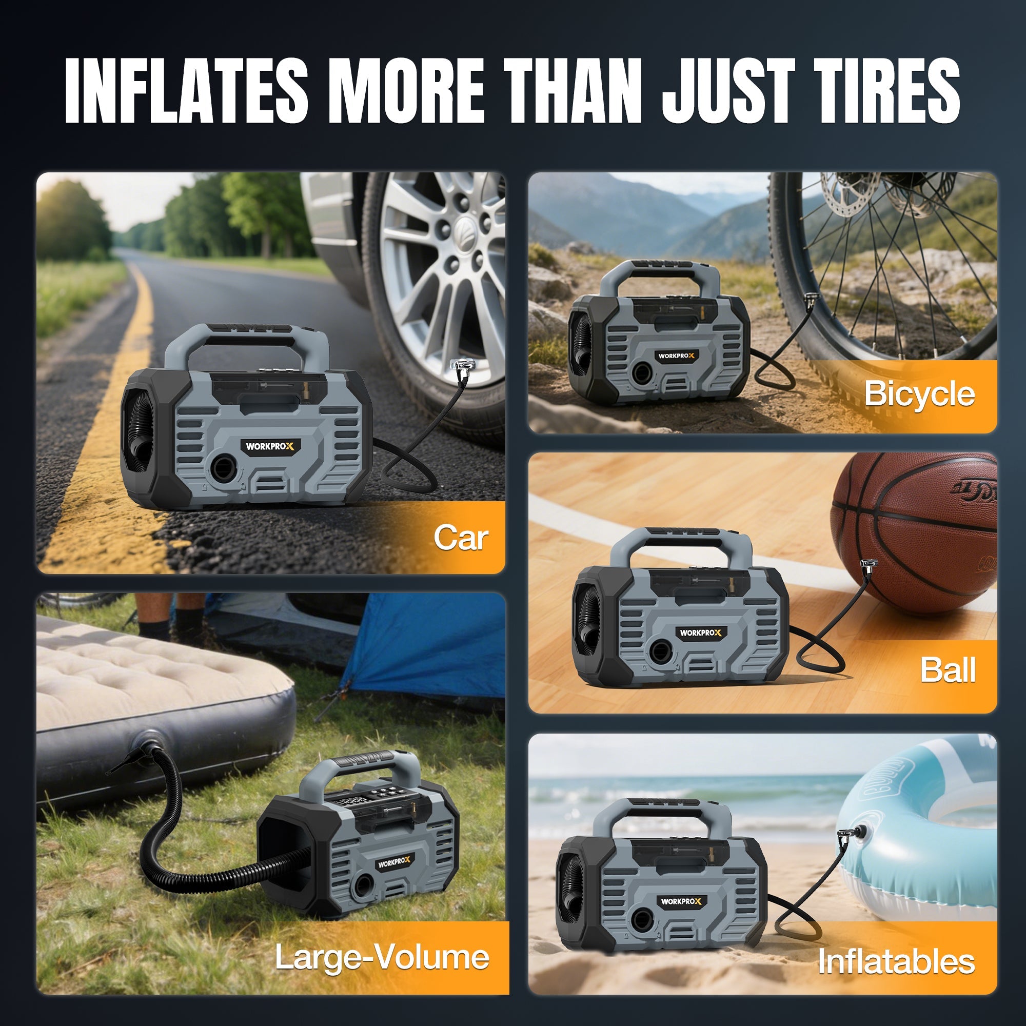 Portable air compressor with hose and nozzle for inflating car, bike, ball, and inflatables.