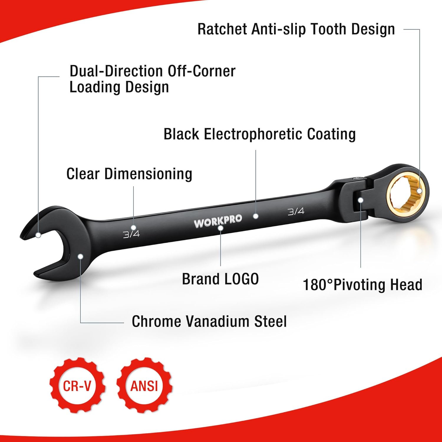 Black flex-head ratcheting wrench with gold drive ring and 180° pivoting head
