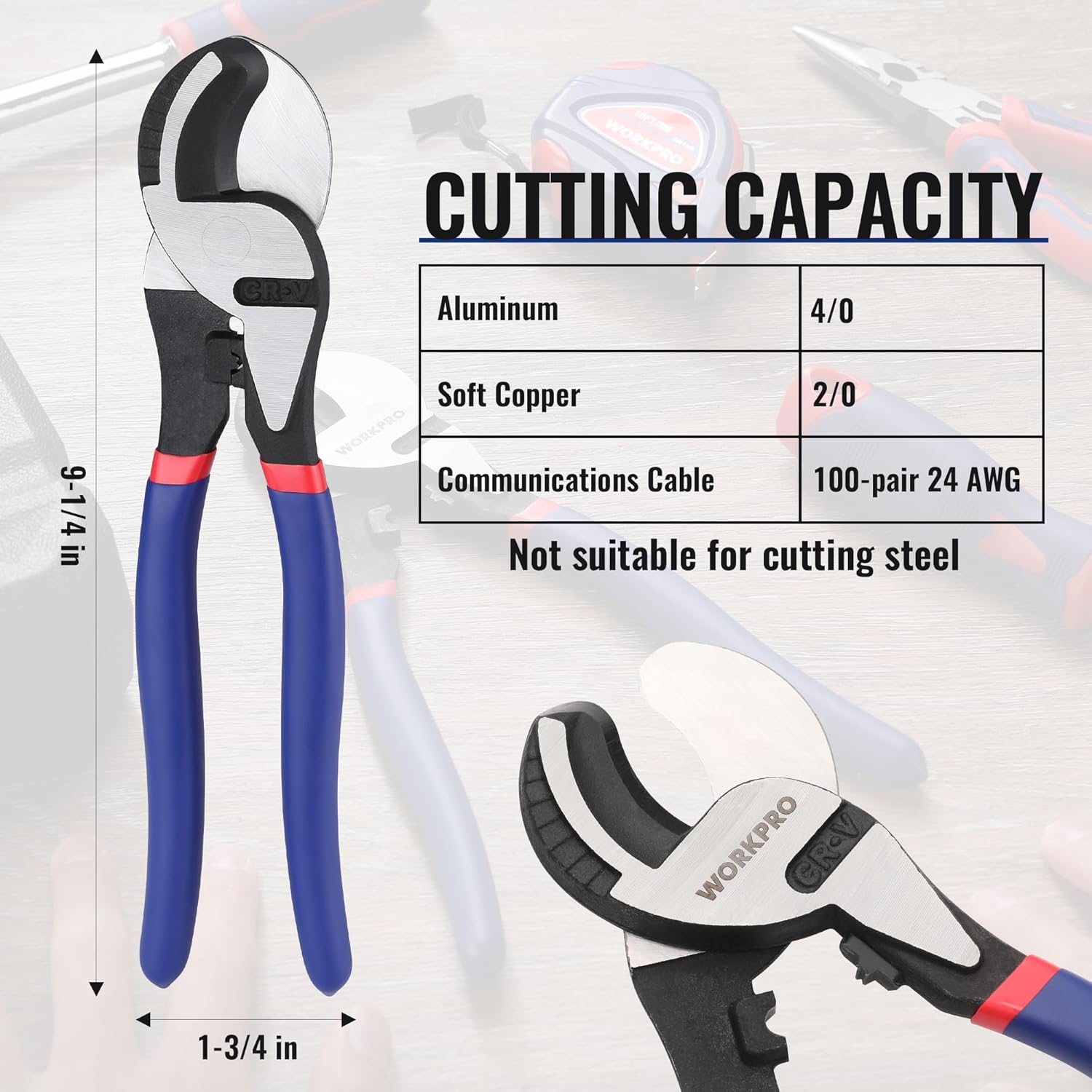 High leverage cable cutter with blue handles, black jaws, red accents