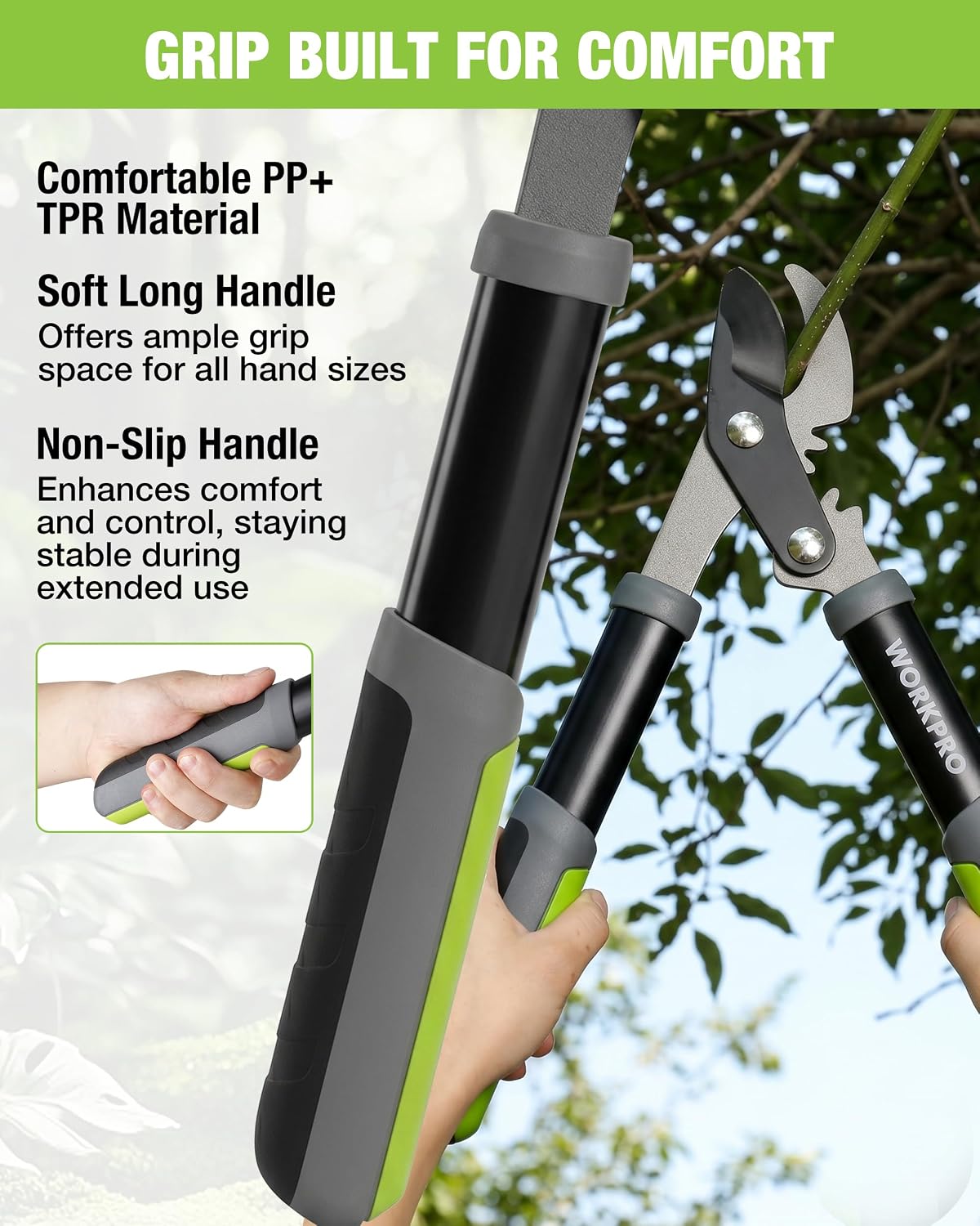 Comfort grip bypass lopper with soft, non-slip long handles