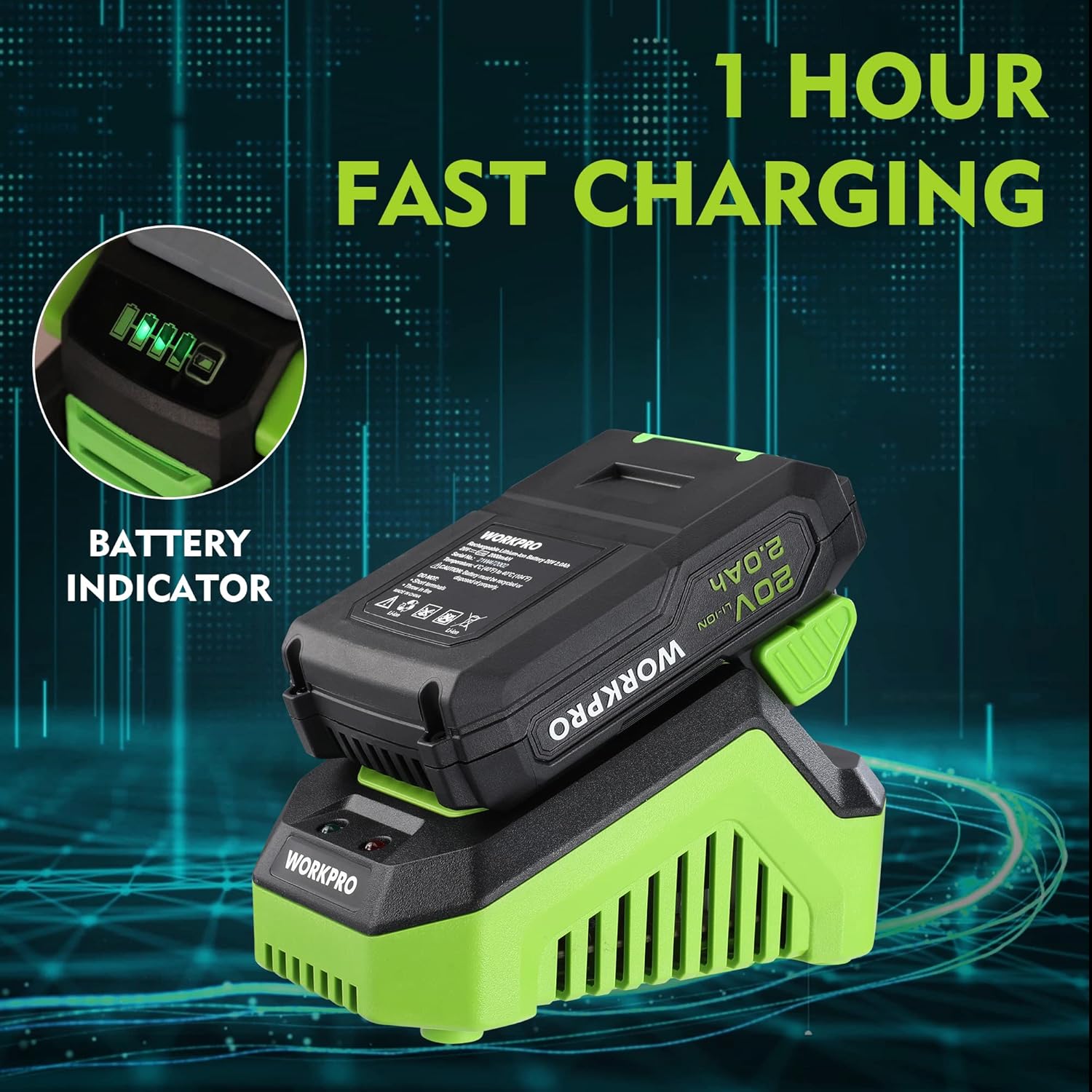 WORKPRO 20V battery and charger with fast-charging display for cordless impact wrench