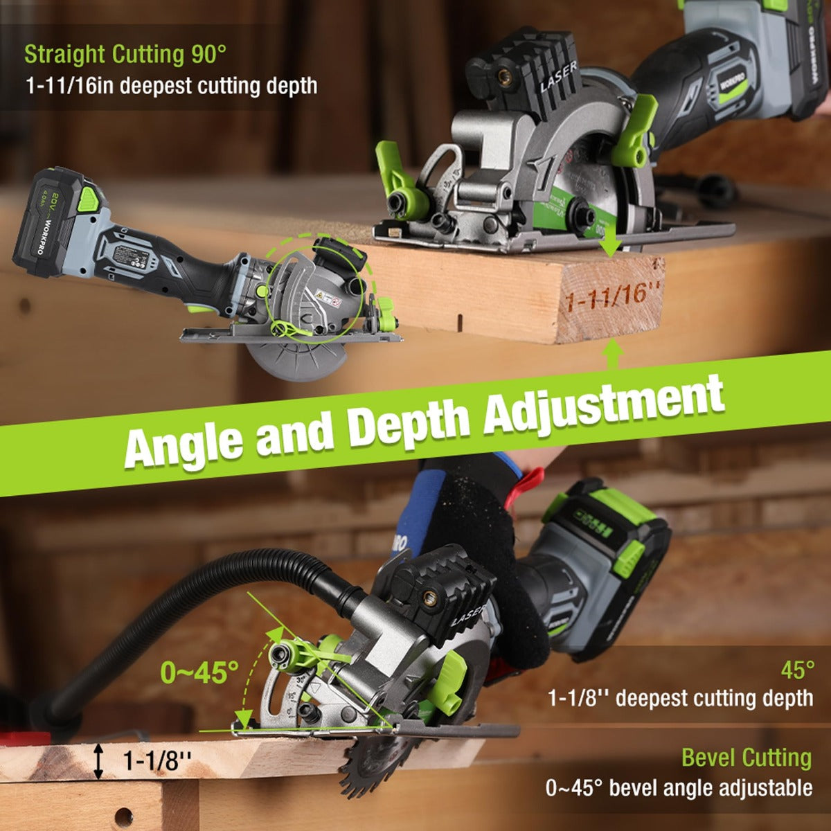 Cordless mini circular saw with laser and angle/depth adjustment on a wooden board