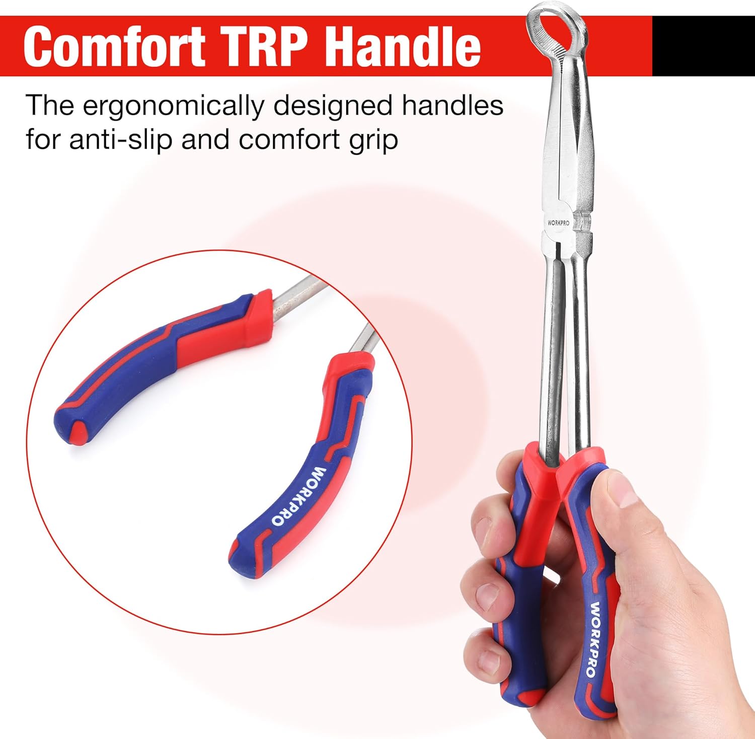 Long hose gripper pliers with comfort TRP anti-slip red-blue grips and steel shaft