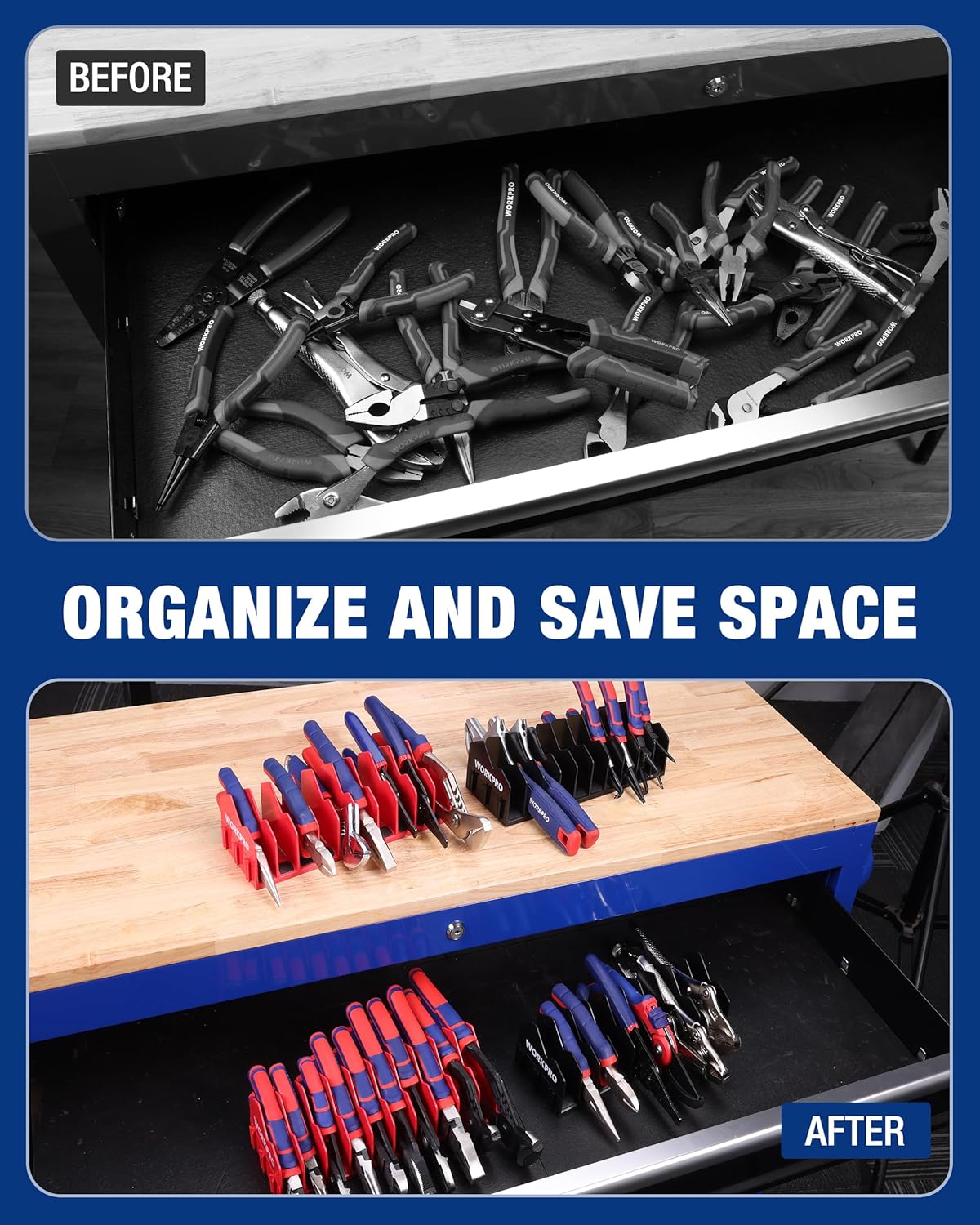 Workbench tool drawer with plier organizers holding tools in separate slots
