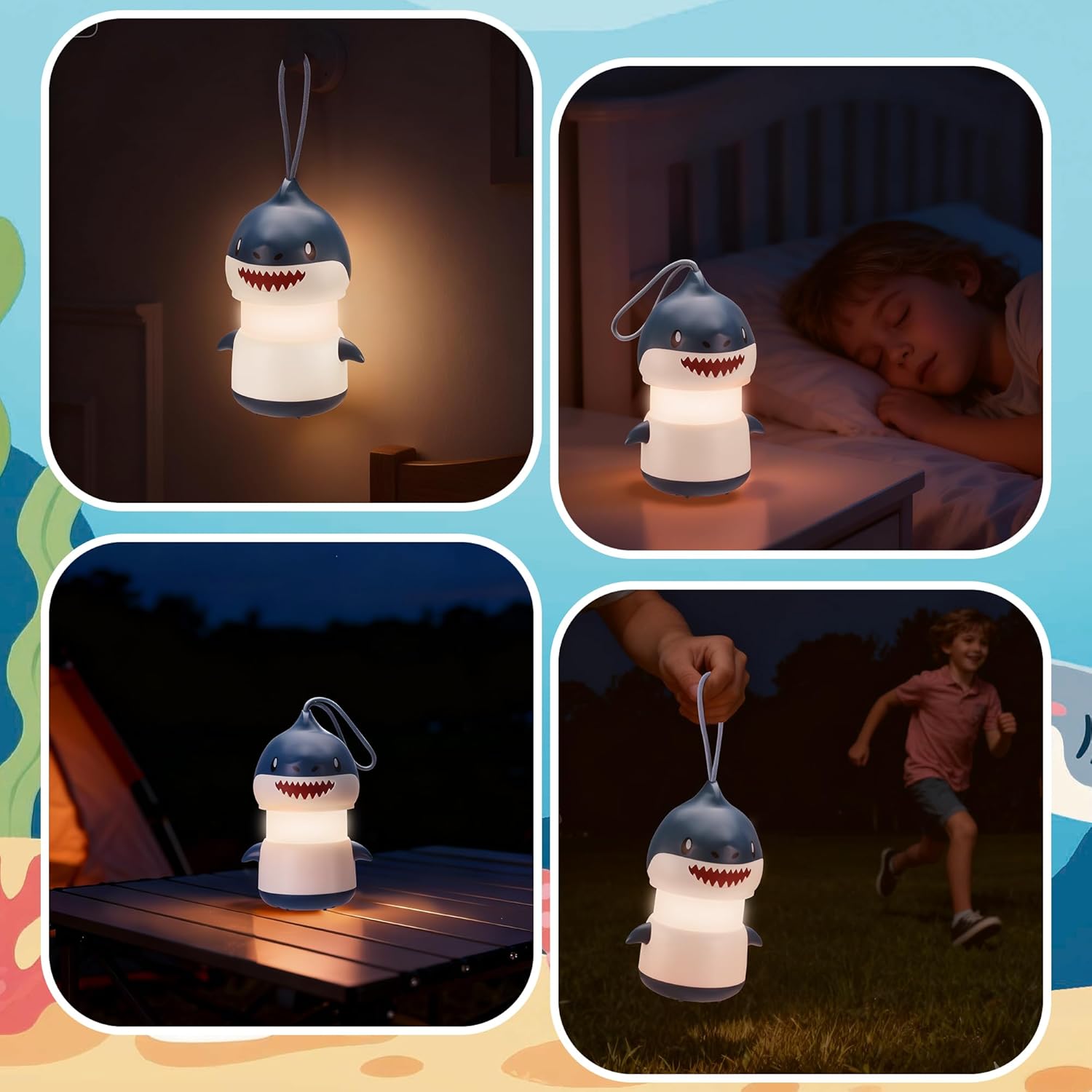 Blue shark night light lantern with hanging lanyard, shown in multiple home and yard scenes