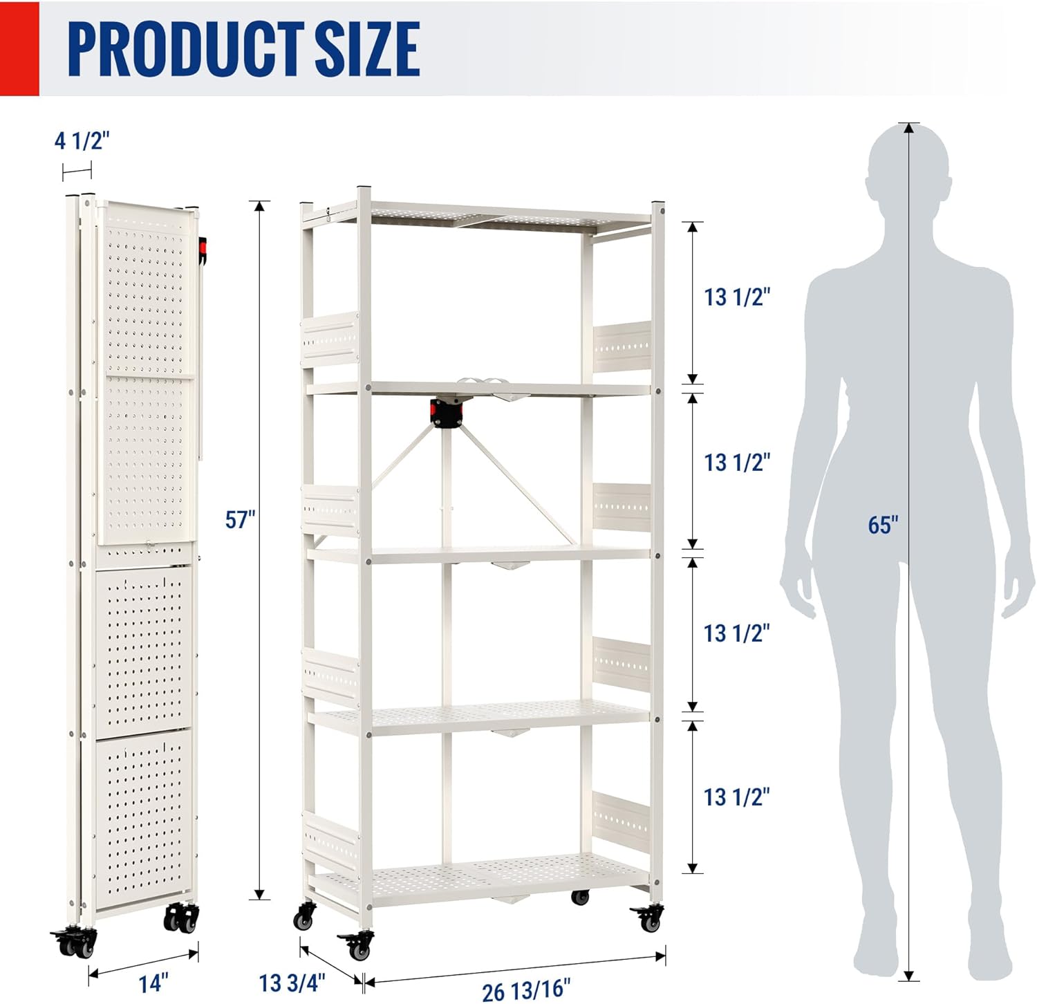 White 5-tier folding storage rack with wheels and leveling feet, shown with size outline.